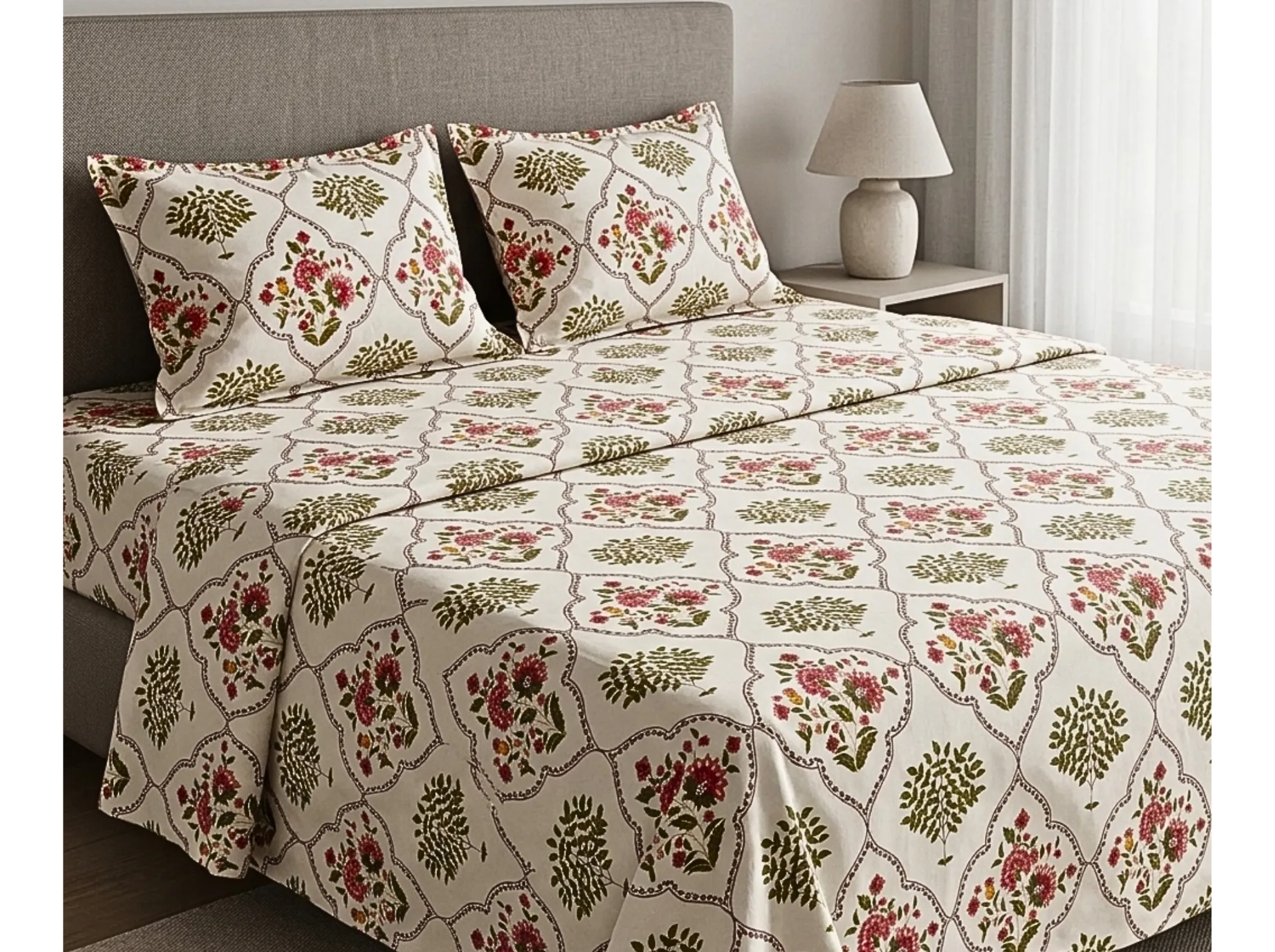 Maharani Bagh - Red - Linen & Loom Natural Collection - Super King (100x108) 100% Pure Cotton Bedsheet with 2 Pillow Covers | Soft Breathable Bedspread for Home Decor | TC 240