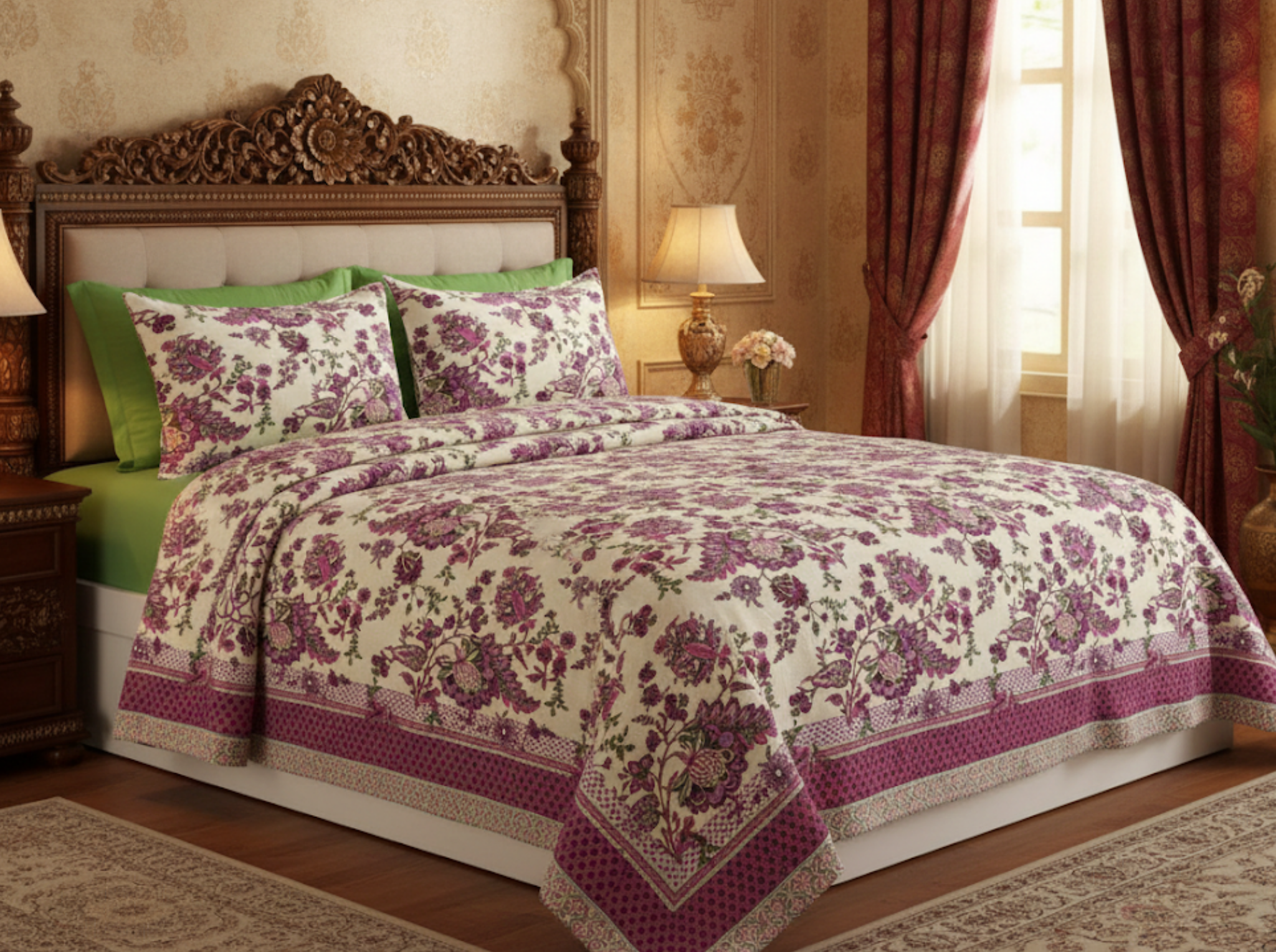 Gul Rosé-Lilac — Linen & Loom Maharani Motifs Premium 100% Pure Cotton King Size (90x108) Double Bed Bedsheet with 2 Pillow Covers || Floral Printed Elegant Bedroom Bedding Set || 240 TC