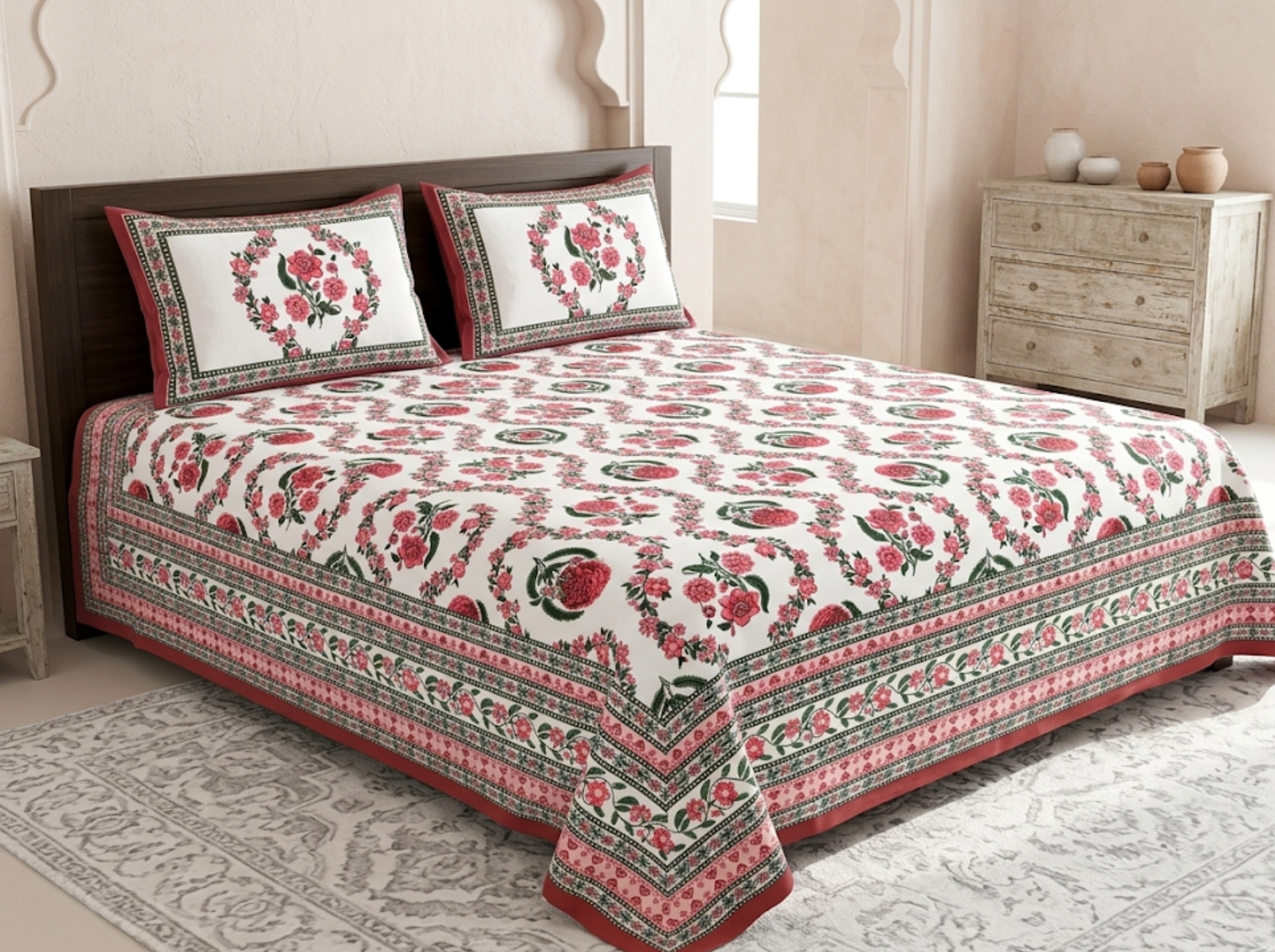Vana Luxe Red — Linen & Loom Jaipur Heritage Super King Size (108 x 108 inches) 100% Pure Cotton Bedsheet with 2 Pillow Covers | Soft & Breathable Bed Cover for Home Decor | 240 TC