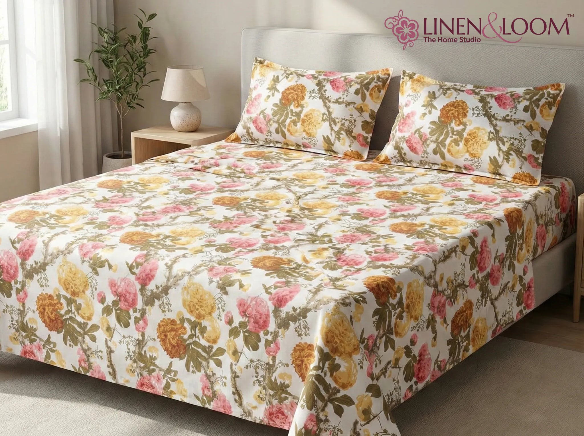 Autumn Bloom - Linen & Loom Natural Collection - Super King (100x108) 100% Pure Cotton Bedsheet with 2 Pillow Covers | Soft Breathable Bedspread for Home Decor | TC 240
