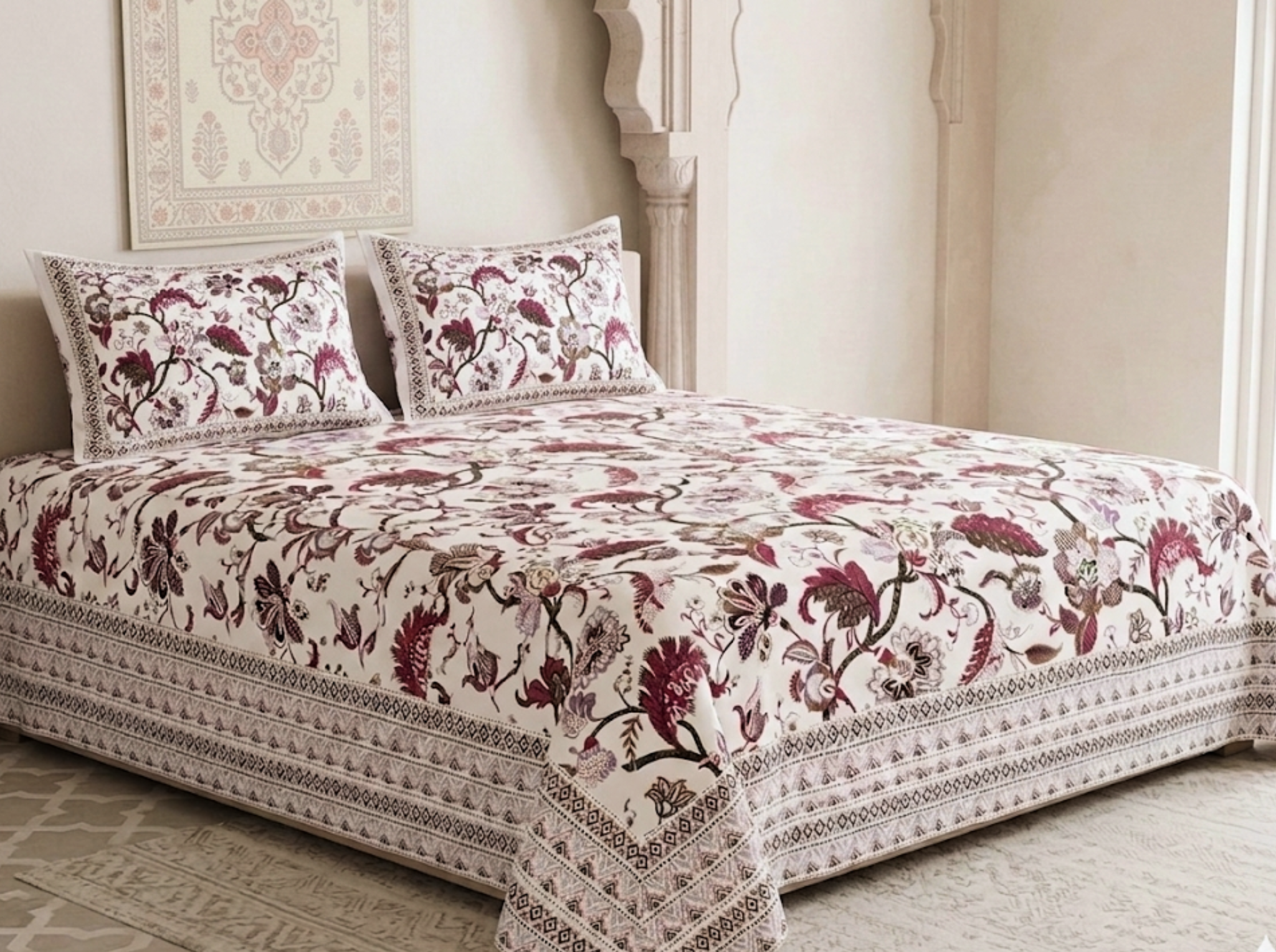 Royal Vinecrest - Red — Linen & Loom Jaipur Heritage Super King Size (108 x 108 inches) 100% Pure Cotton Bedsheet with 2 Pillow Covers | Soft & Breathable Bed Cover for Home Decor | 240 TC