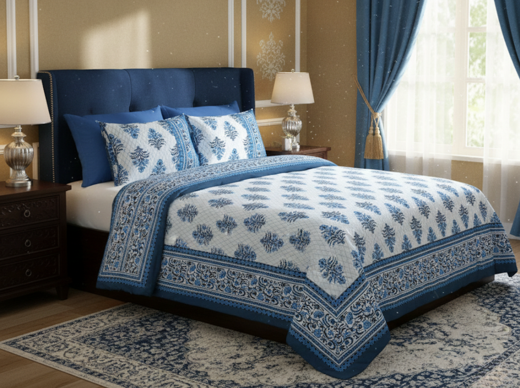 Darbar Elegance - Blue — Linen & Loom Jaipur Heritage Super King Size (108 x 108 inches) 100% Pure Cotton Bedsheet with 2 Pillow Covers | Soft & Breathable Bed Cover for Home Decor | 240 TC