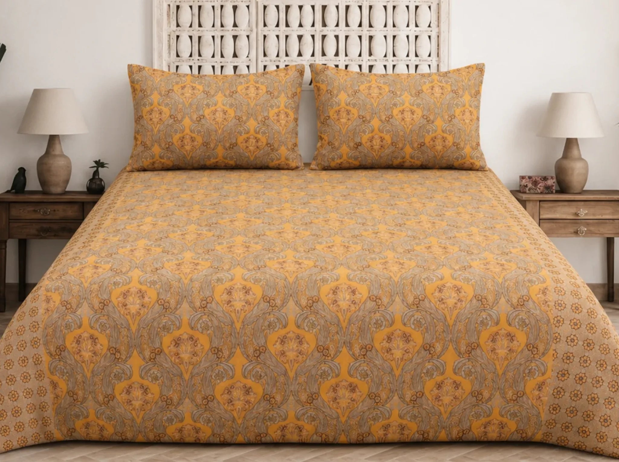 Heritage Scroll Mustard — Sanganeri Stories Bedsheet | Linen & Loom
