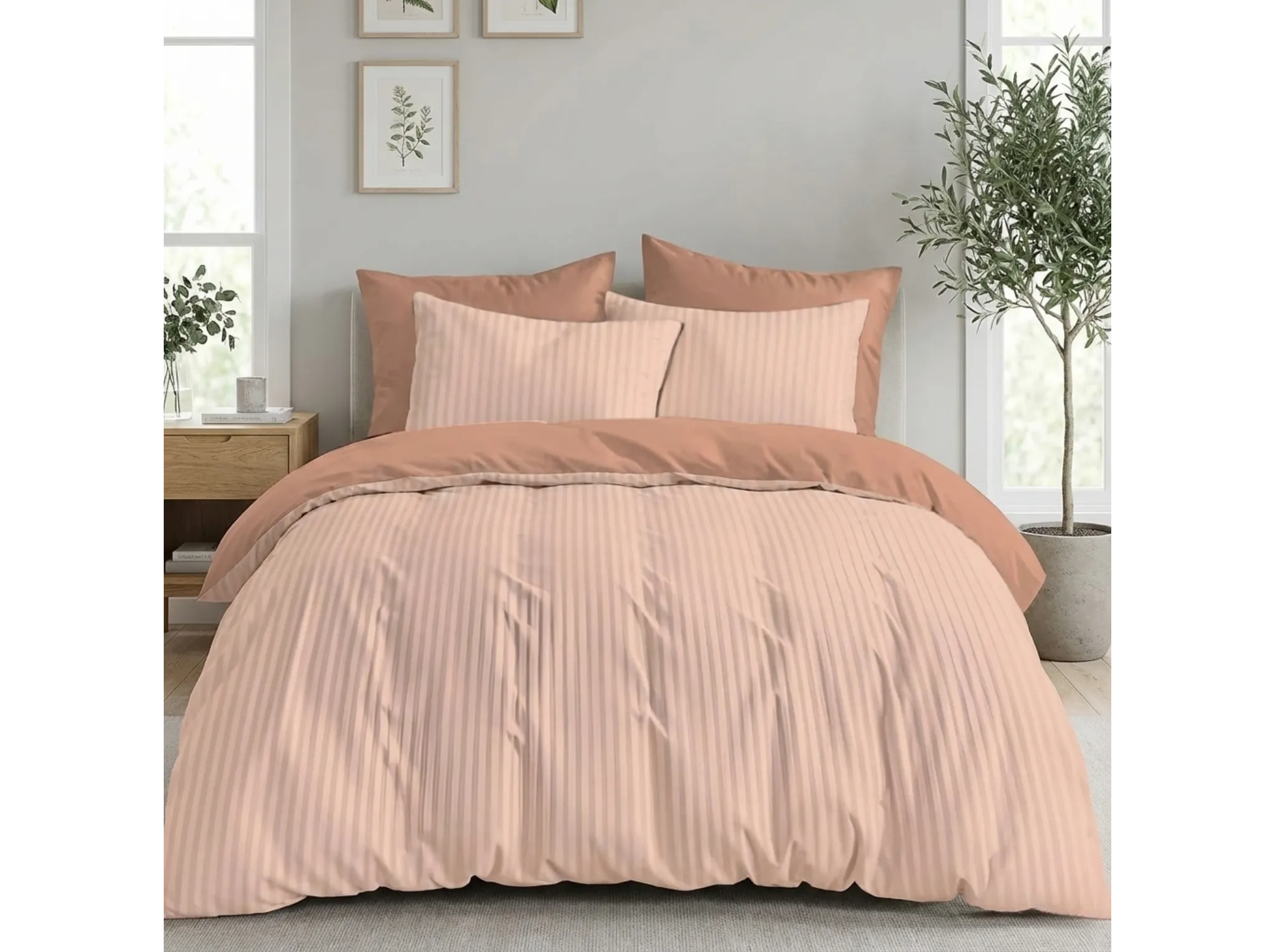 Peach - Linen & Loom Elegance Series Super King Size Bedsheet with 2 Pillow Covers | Luxury Striped Cotton Blend Bedsheet Set 200 TC | Soft, Breathable & Hotel-Style Finish (108 x 108 inches)