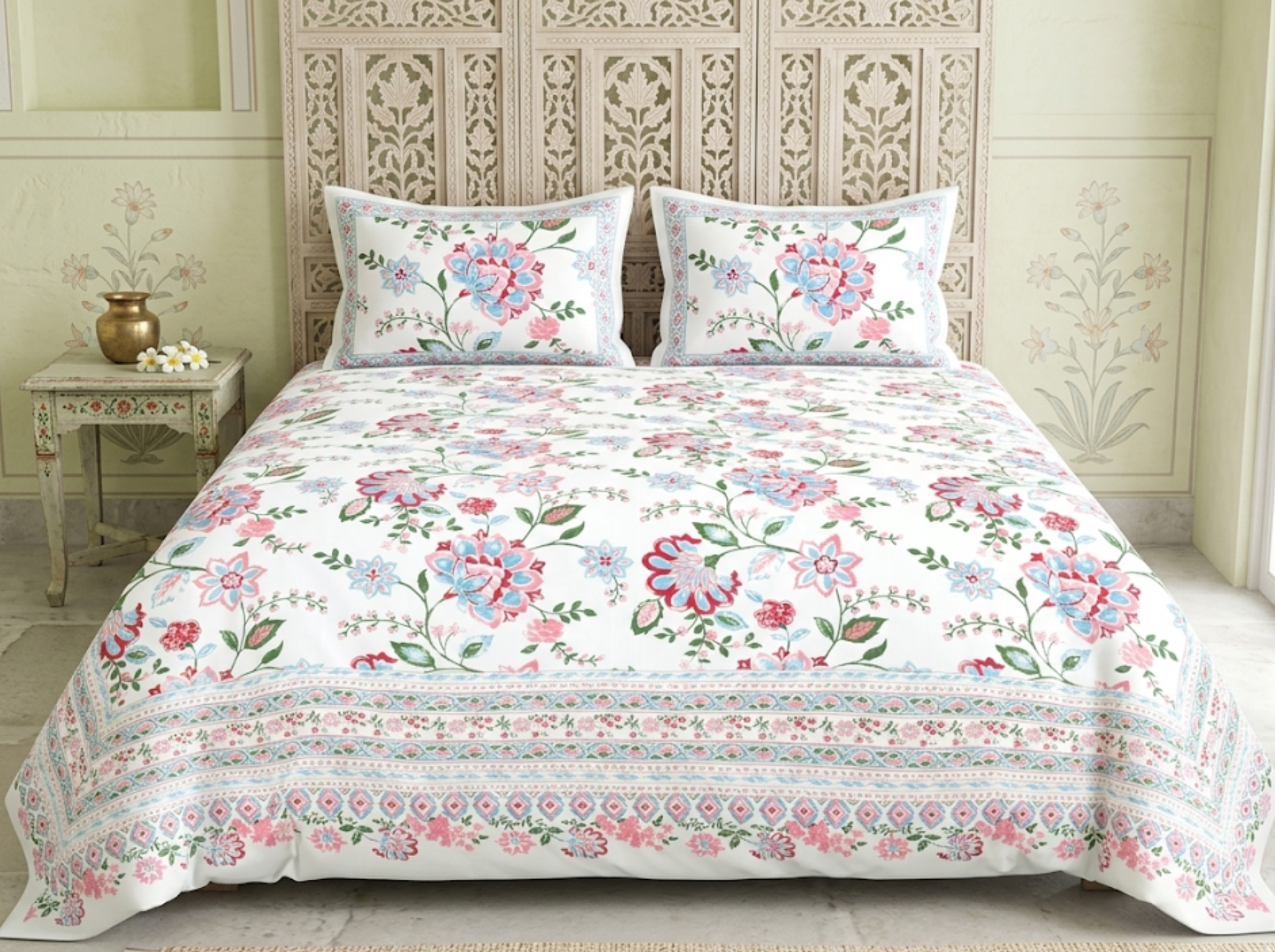 Signature Flora-Pink — Linen & Loom Jaipur Heritage Super King Size (108 x 108 inches) 100% Pure Cotton Bedsheet with 2 Pillow Covers | Soft & Breathable Bed Cover for Home Decor | 240 TC
