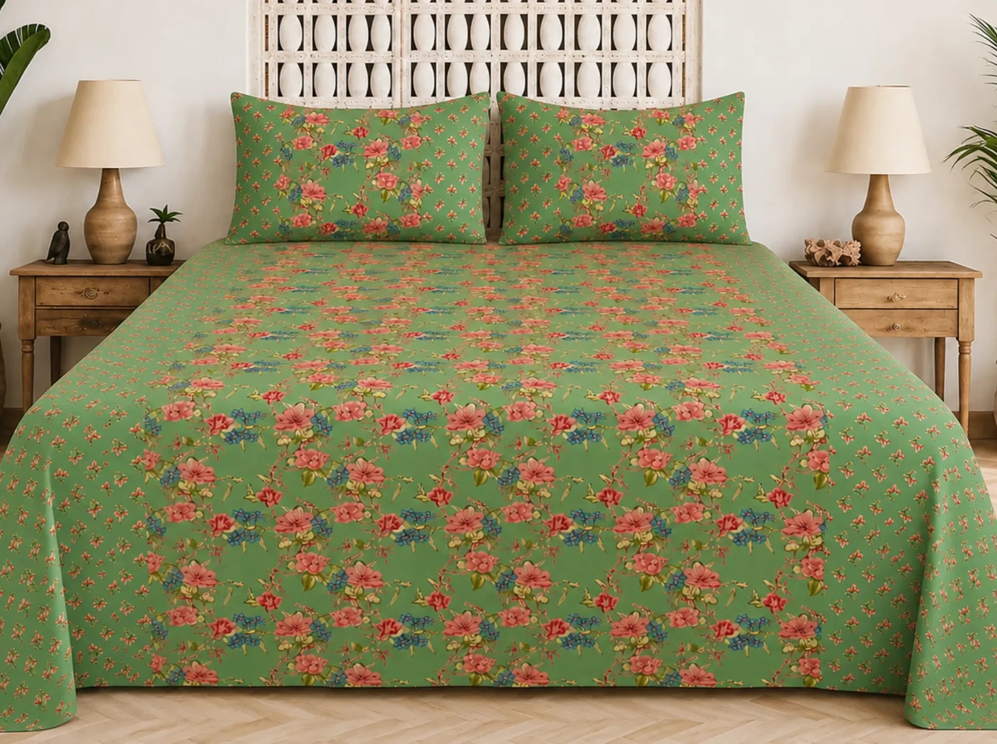 Gulshan Charm Green Pink — Sanganeri Stories Bedsheet | Linen & Loom
