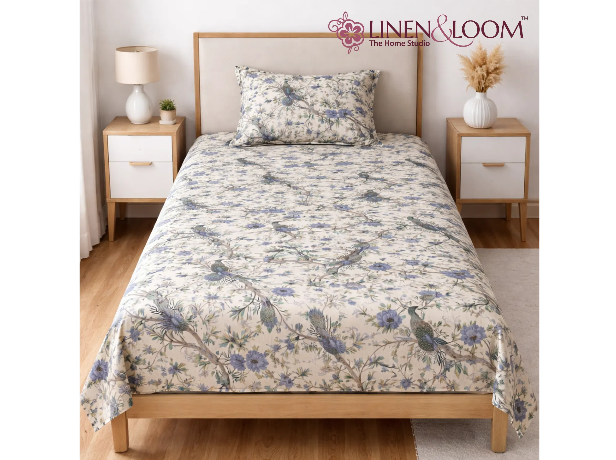 Bluebird Meadow - Linen & Loom The Natural Collection - 100% Pure Cotton Single Bedsheet (60 x 90 Inches) with 1 Pillow Cover | 240 TC - Soft & Breathable Cotton Bed Sheet for Bedroom