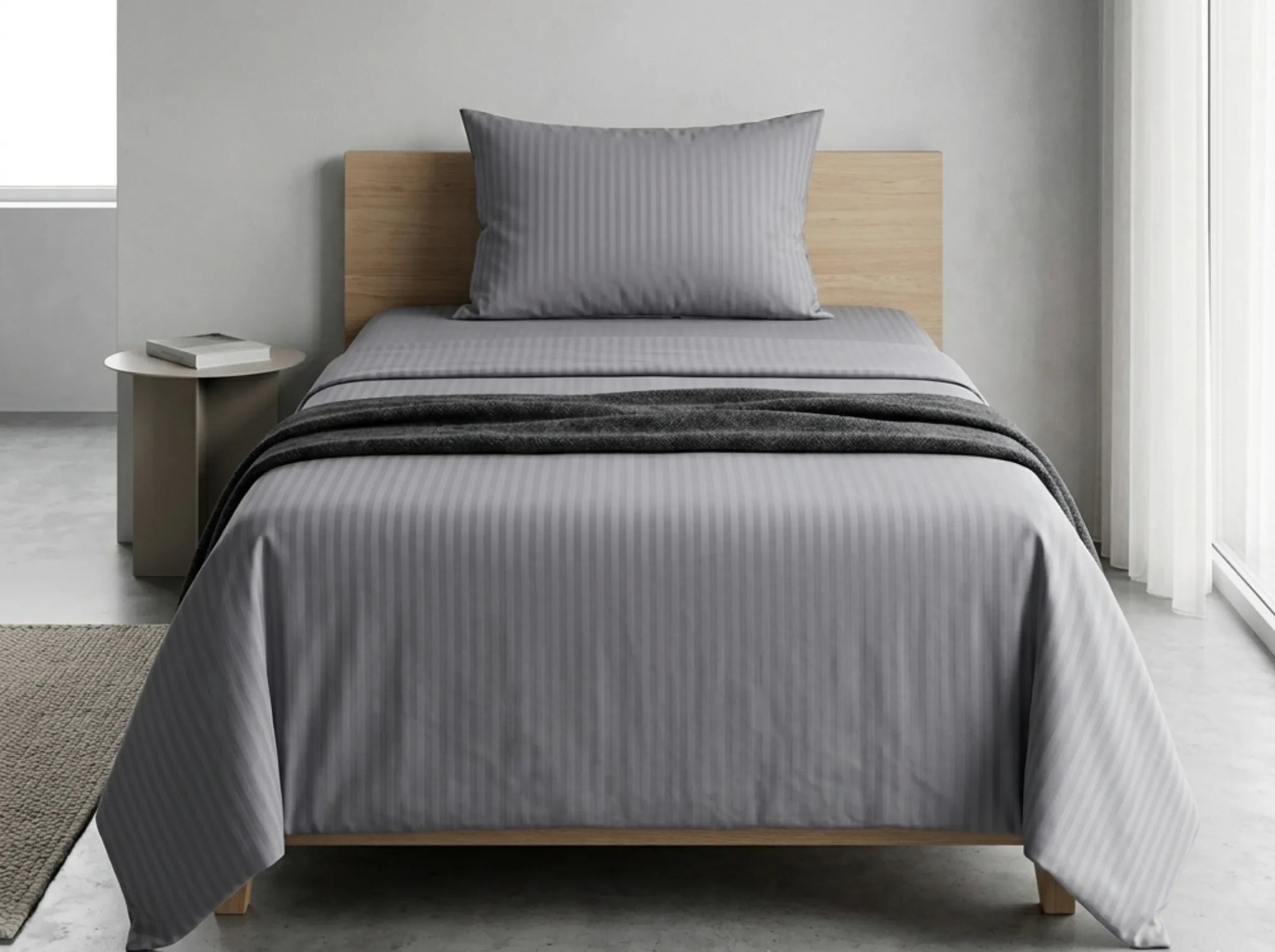 Grey - Linen & Loom Elegance Series (60x90 inches) Bedsheet with 1 Pillow Cover | Luxury Striped Cotton Blend Bedsheet Set | Soft, Breathable & Hotel-Style Finish | TC 200