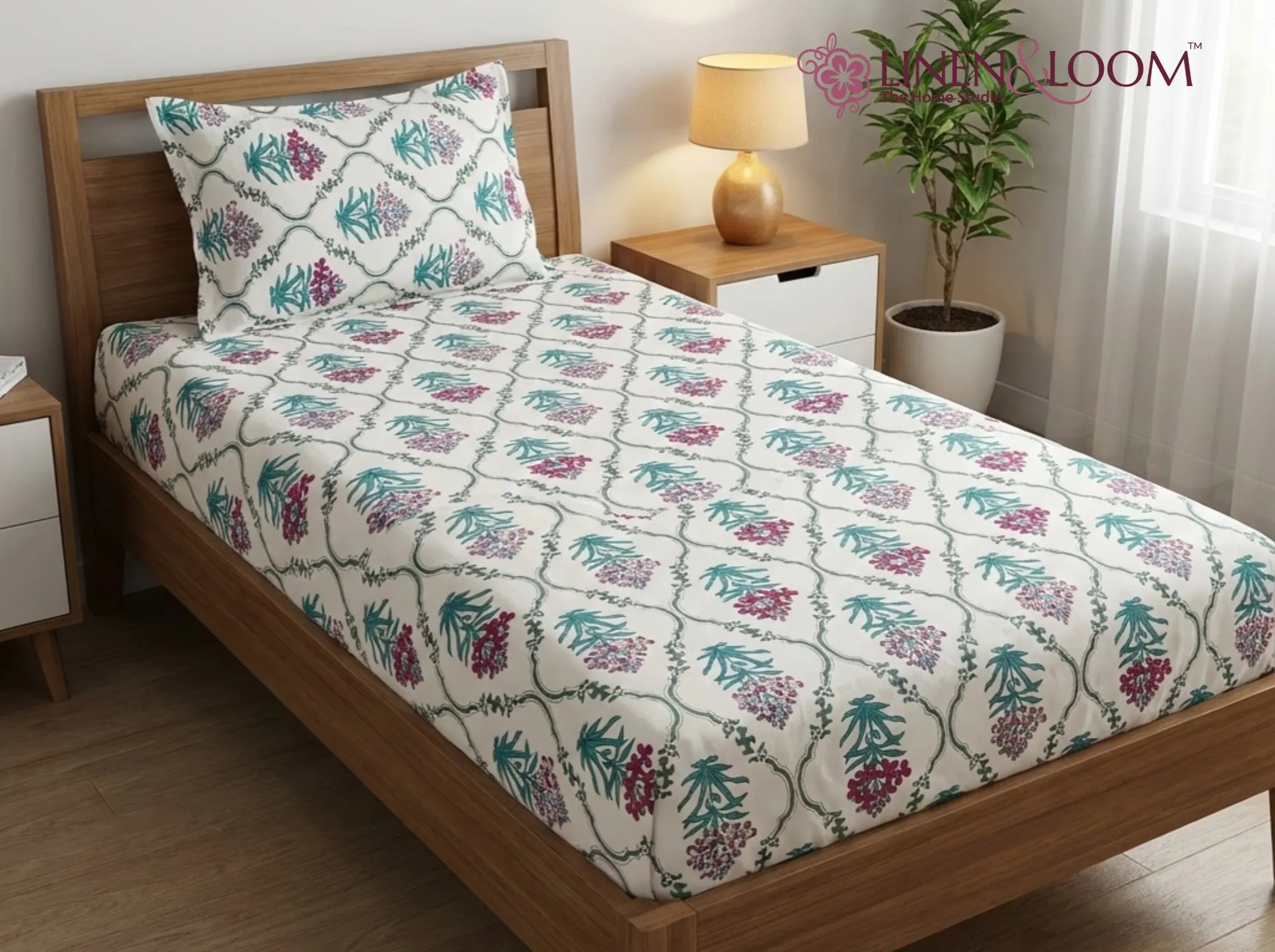 Provence Cranberry Mist - Linen & Loom The Natural Collection - 100% Pure Cotton Single Bedsheet (60 x 90 Inches) with 1 Pillow Cover | 240 TC - Soft & Breathable Cotton Bed Sheet for Bedroom