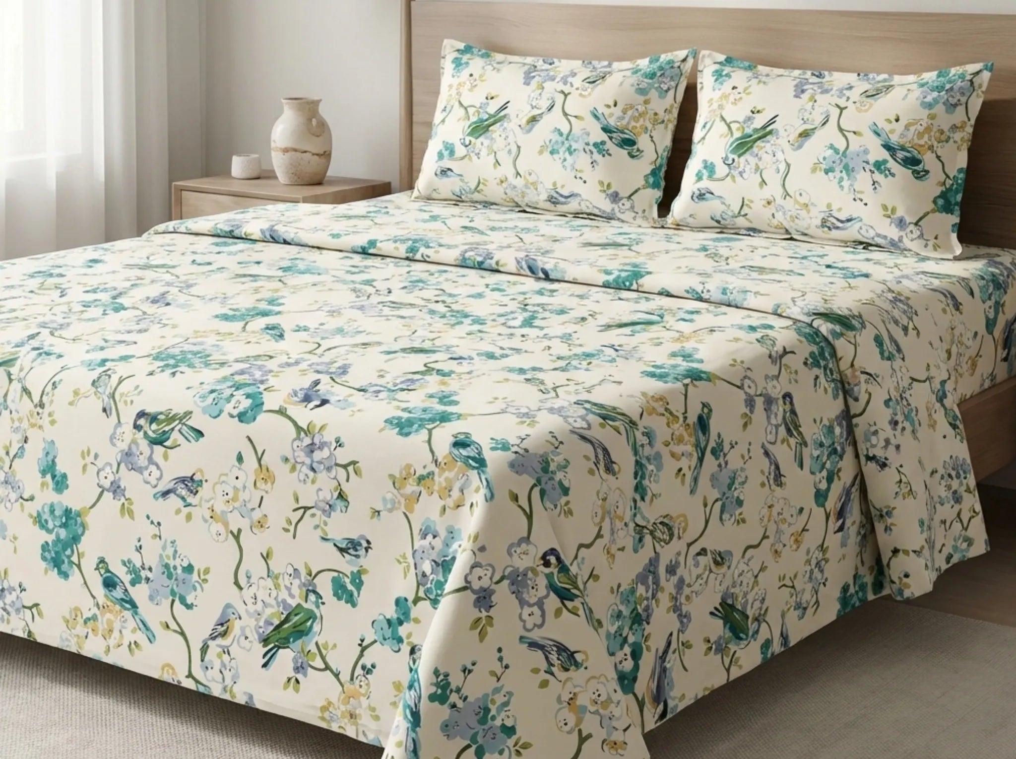 Azure Song - Linen & Loom Natural Collection - Super King (100x108) 100% Pure Cotton Bedsheet with 2 Pillow Covers | Soft Breathable Bedspread for Home Decor | TC 240