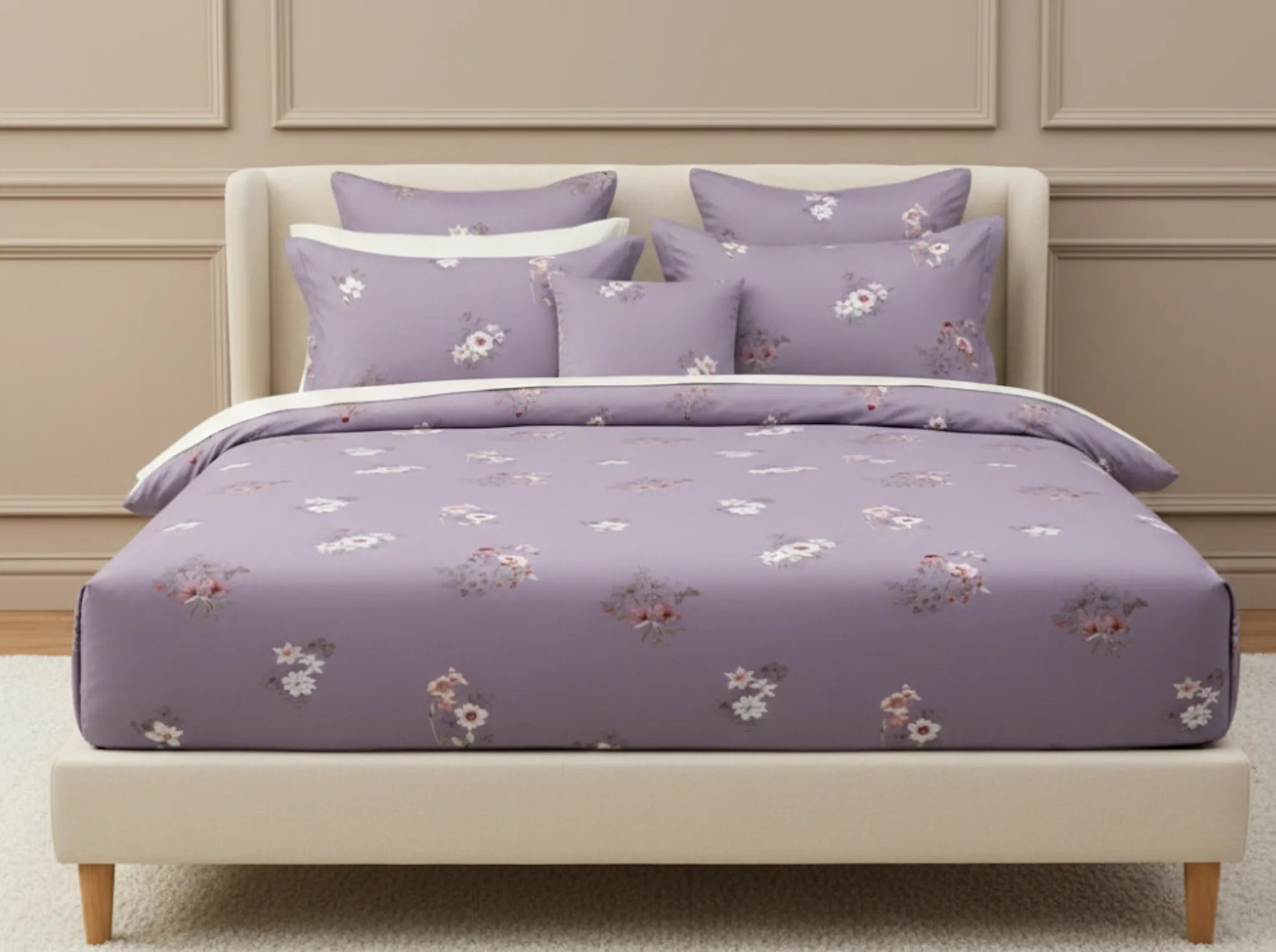 Lilac Petals - Linen & Loom Pure Comfort Series 360° Elastic Fitted Bedsheet | Soft and Comfortable Bed Linen Set for a Cozy Bedroom | 200 TC | King Size 72x78 inches + 9 inches