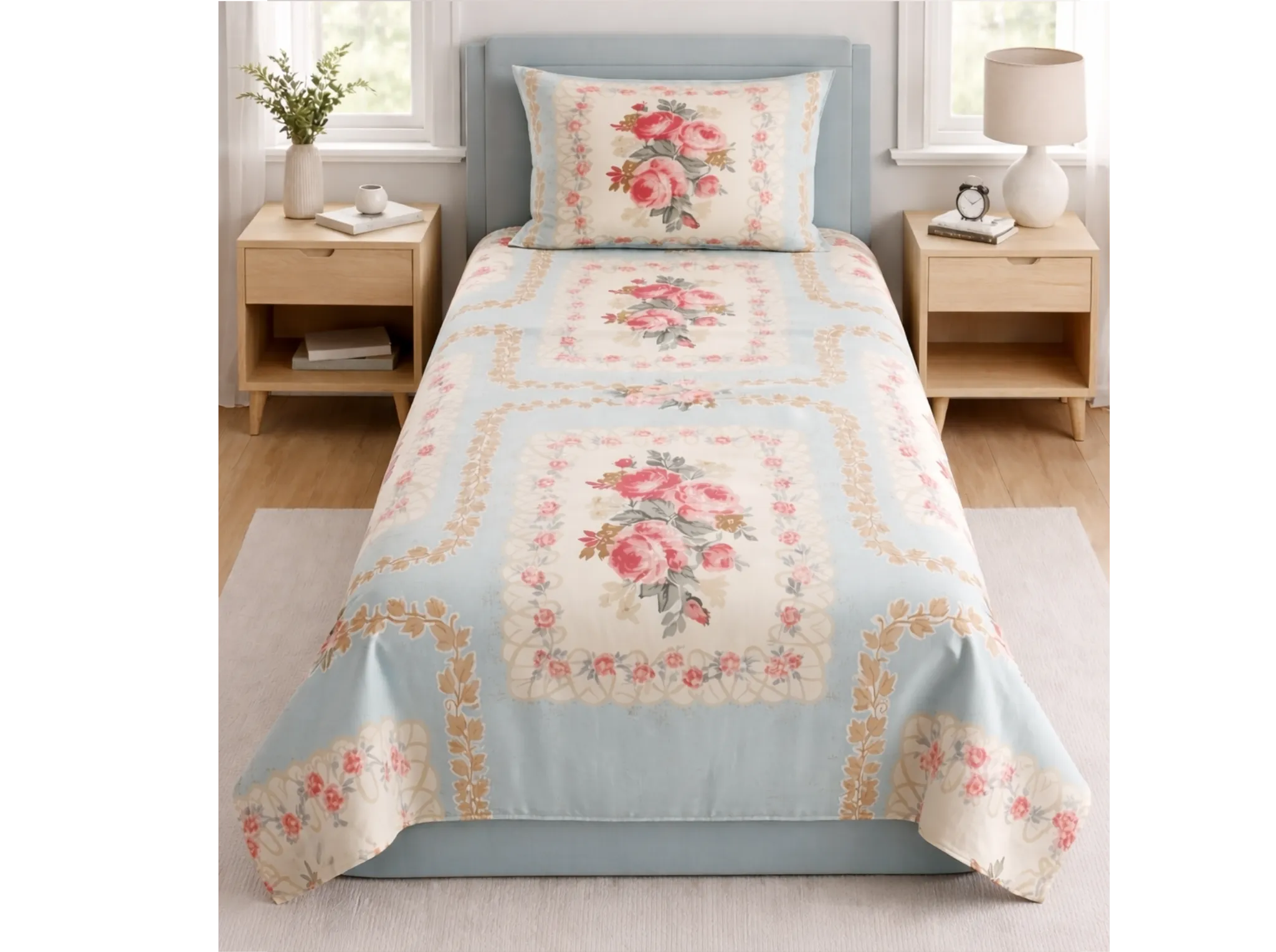 English Floral - Linen & Loom The Natural Collection - 100% Pure Cotton Single Bedsheet (60 x 90 Inches) with 1 Pillow Cover | 240 TC - Soft & Breathable Cotton Bed Sheet for Bedroom