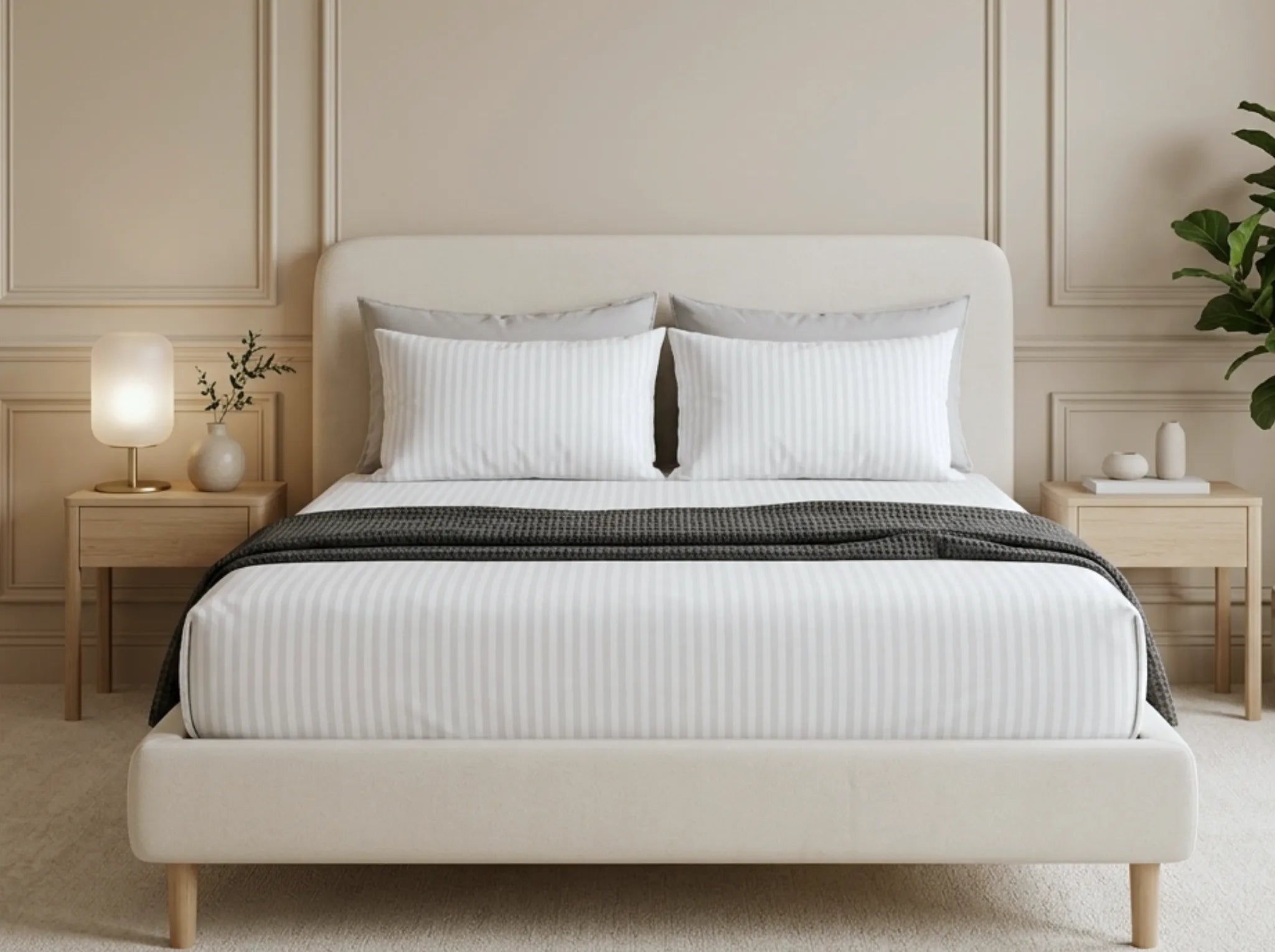 Ivory Cream - Linen & Loom Elegance King Size 360° Fitted (72X78 + 9 inches) Elasticated Bedsheet | Elegant Satin Stripes | No-Slip Design | Snug, Secure Grip | Fits Upto 8 Inch Mattress | 200 TC