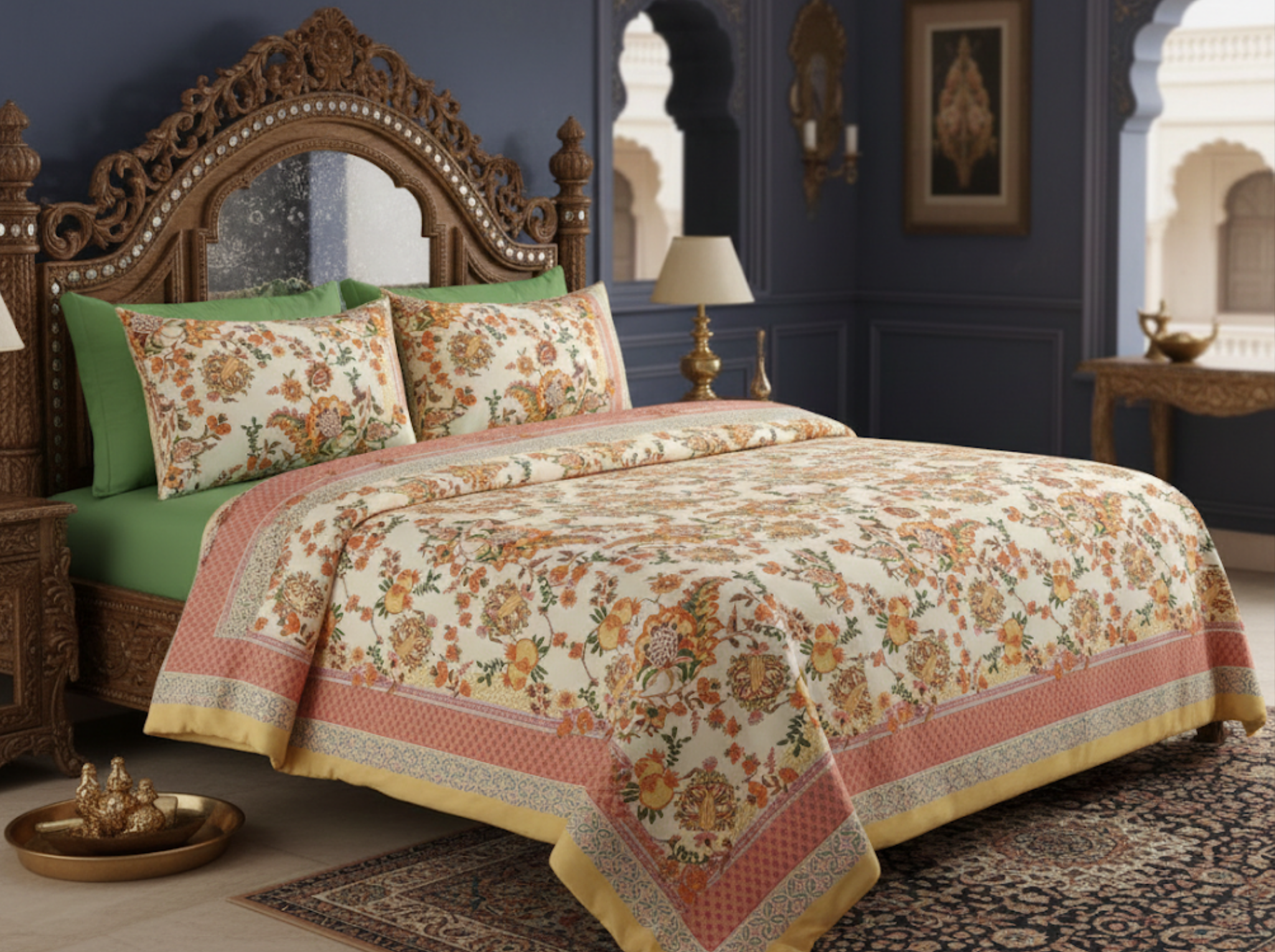 Gul Rosé-Peach — Linen & Loom Maharani Motifs Premium 100% Pure Cotton King Size (90x108) Double Bed Bedsheet with 2 Pillow Covers || Floral Printed Elegant Bedroom Bedding Set || 240 TC