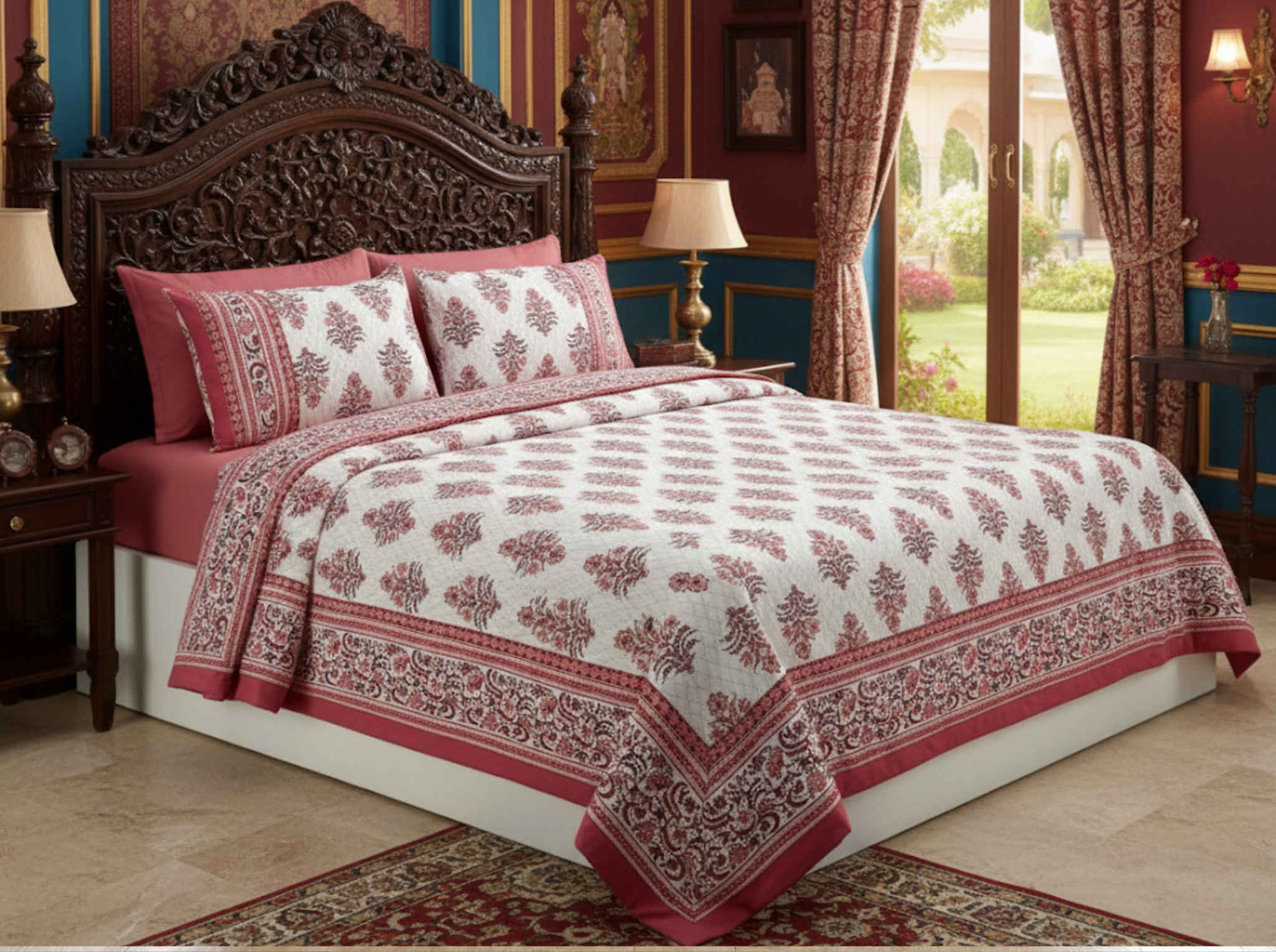 Darbar Elegance - Red — Linen & Loom Jaipur Heritage Super King Size (108 x 108 inches) 100% Pure Cotton Bedsheet with 2 Pillow Covers | Soft & Breathable Bed Cover for Home Decor | 240 TC
