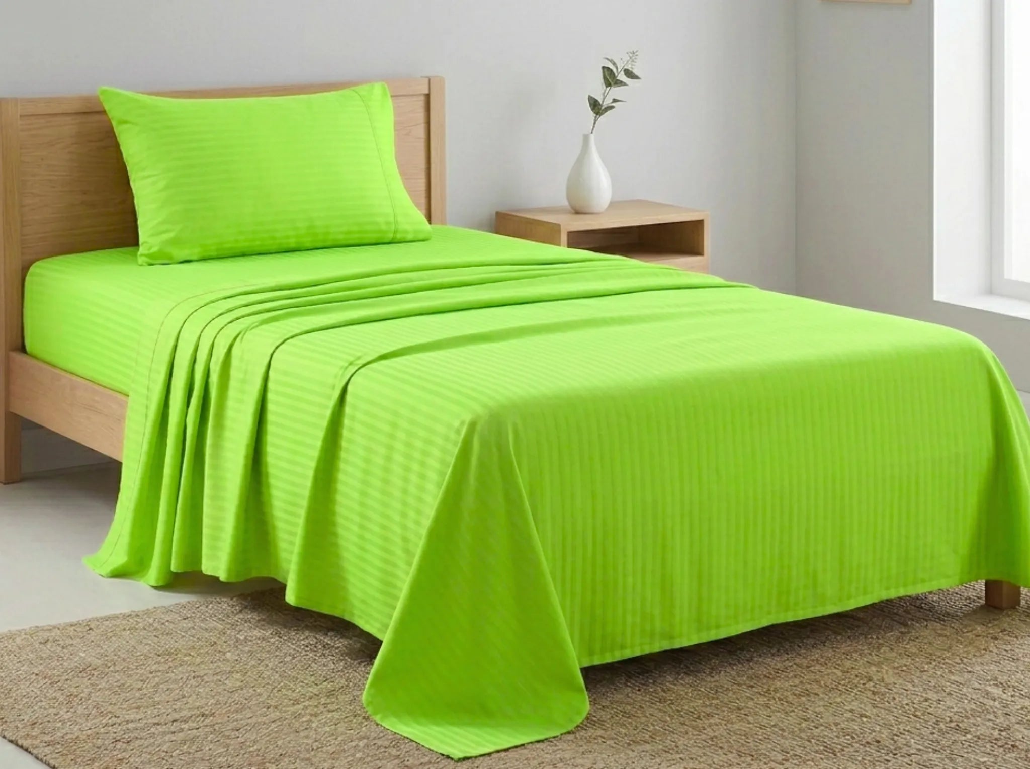 Neon Green - Linen & Loom Elegance Series (60x90 inches) Bedsheet with 1 Pillow Cover | Luxury Striped Cotton Blend Bedsheet Set | Soft, Breathable & Hotel-Style Finish | TC 200