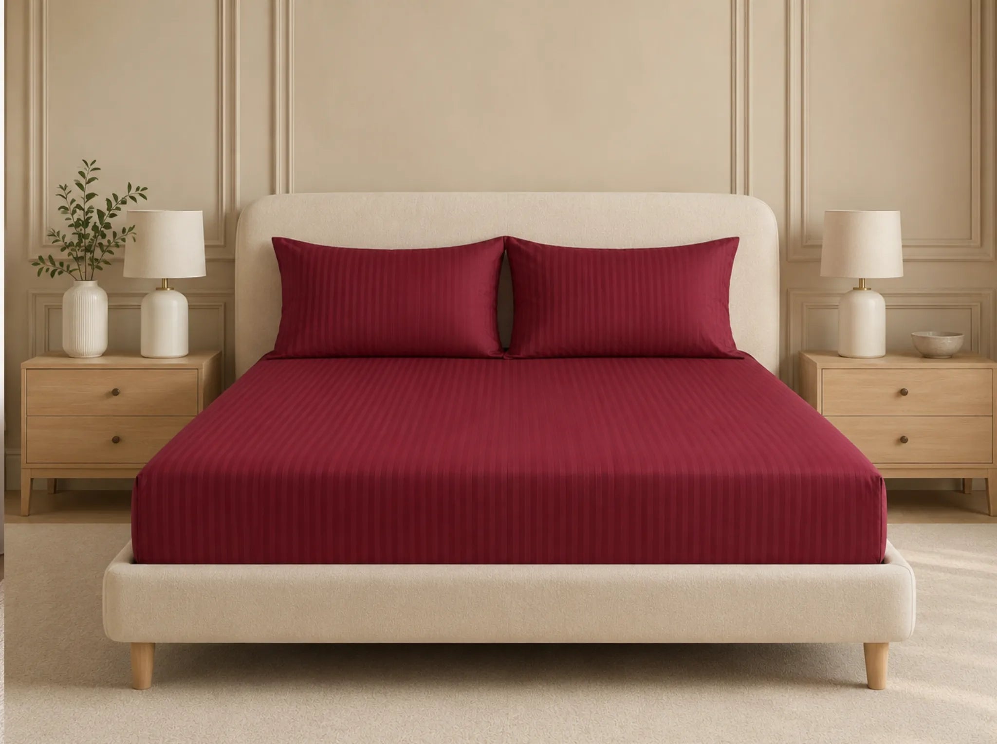 Maroon - Linen & Loom Elegance King Size 360° Fitted (72X78 + 9 inches) Elasticated Bedsheet | Elegant Satin Stripes | No-Slip Design | Snug, Secure Grip | Fits Upto 8 Inch Mattress | 200 TC