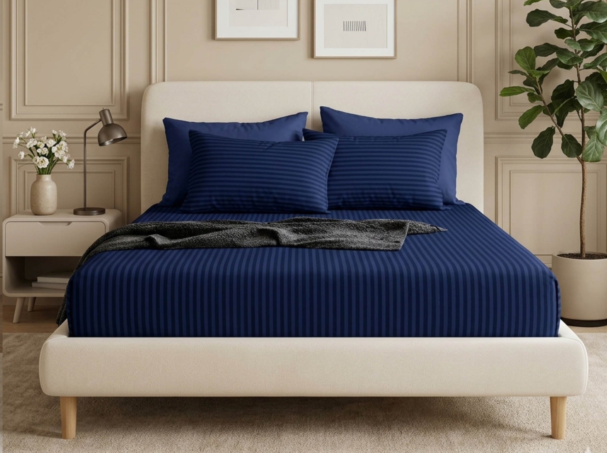 Navy Blue - Linen & Loom Elegance King Size 360° Fitted (72X78 + 9 inches) Elasticated Bedsheet | Elegant Satin Stripes | No-Slip Design | Snug, Secure Grip | Fits Upto 8 Inch Mattress | 200 TC