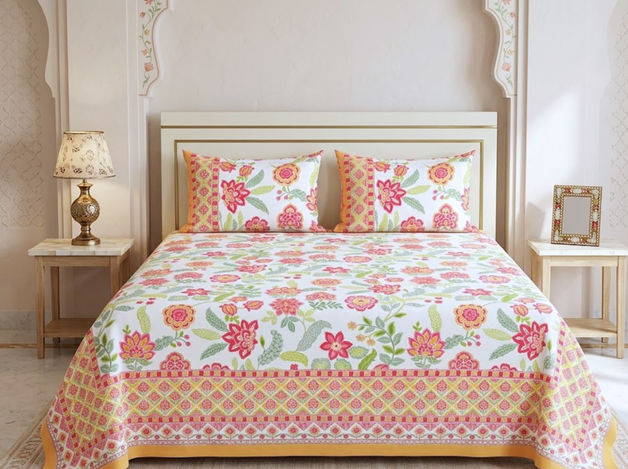 Royal Botanica_Orange — Linen & Loom Jaipur Heritage Super King Size (108 x 108 inches) 100% Pure Cotton Bedsheet with 2 Pillow Covers | Soft & Breathable Bed Cover for Home Decor | 240 TC