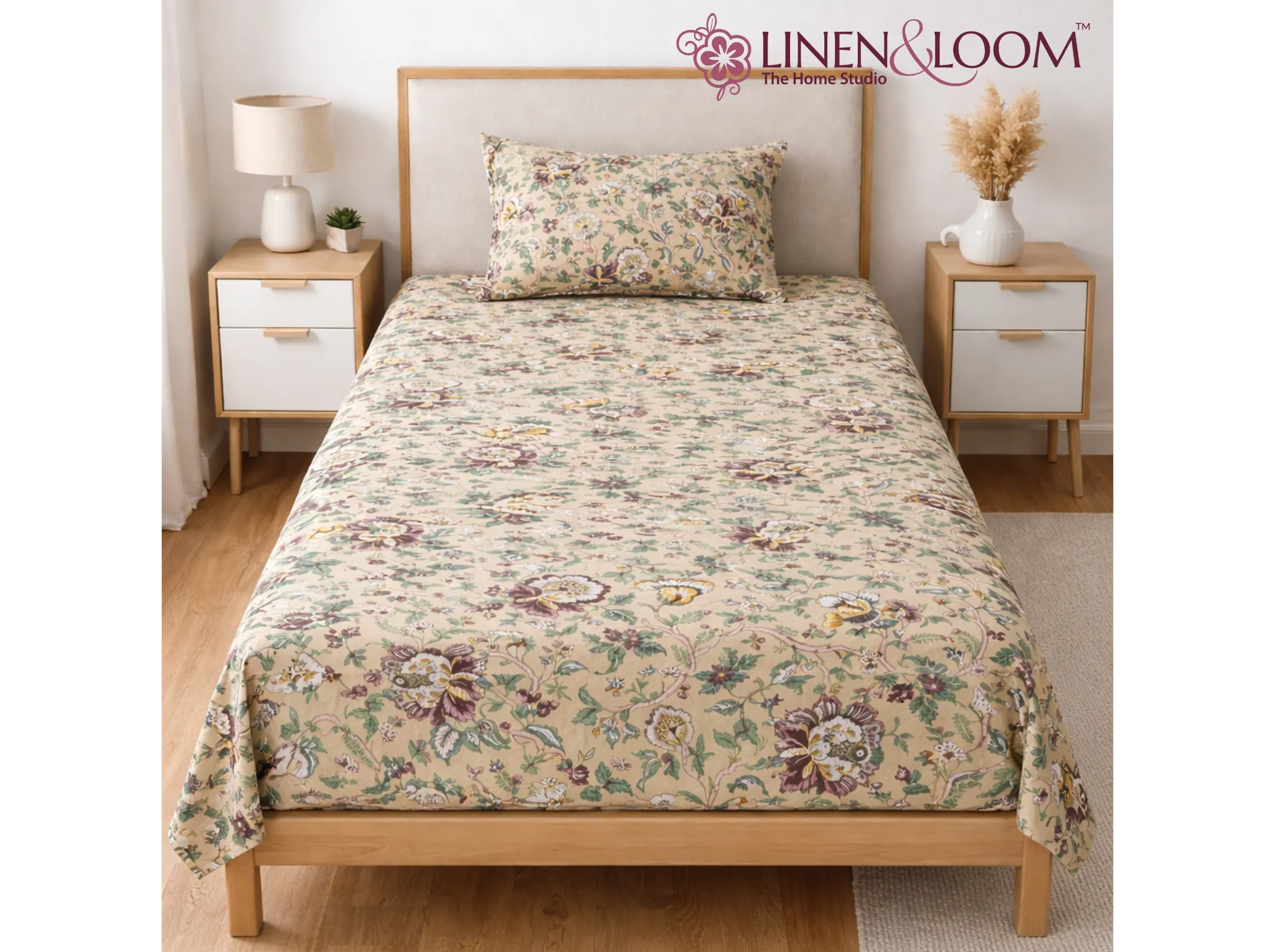 Blossom Haven - Linen & Loom The Natural Collection - 100% Pure Cotton Single Bedsheet (60 x 90 Inches) with 1 Pillow Cover | 240 TC - Soft & Breathable Cotton Bed Sheet for Bedroom