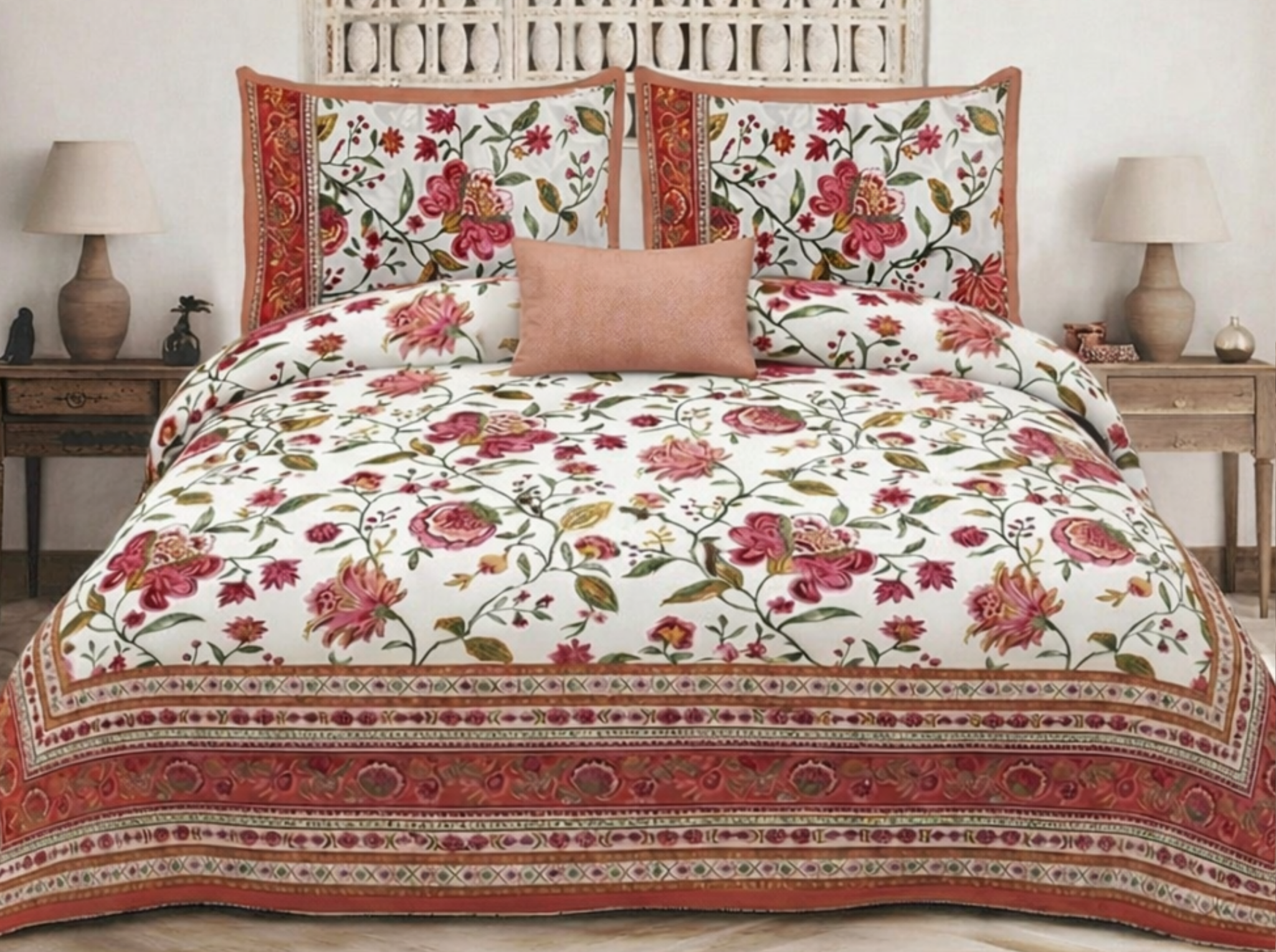 Gulistan Royale - Red — Linen & Loom Maharani Motifs Premium 100% Pure Cotton King Size (90x108) Double Bed Bedsheet with 2 Pillow Covers || Floral Printed Elegant Bedroom Bedding Set || 240 TC