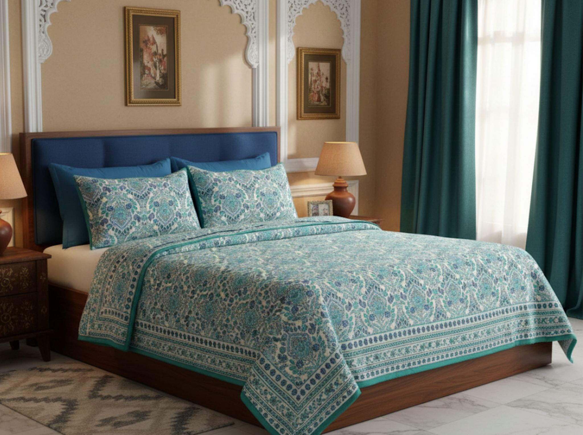 Shahi Heritage- Blue — Linen & Loom Jaipur Heritage Super King Size (108 x 108 inches) 100% Pure Cotton Bedsheet with 2 Pillow Covers | Soft & Breathable Bed Cover for Home Decor | 240 TC