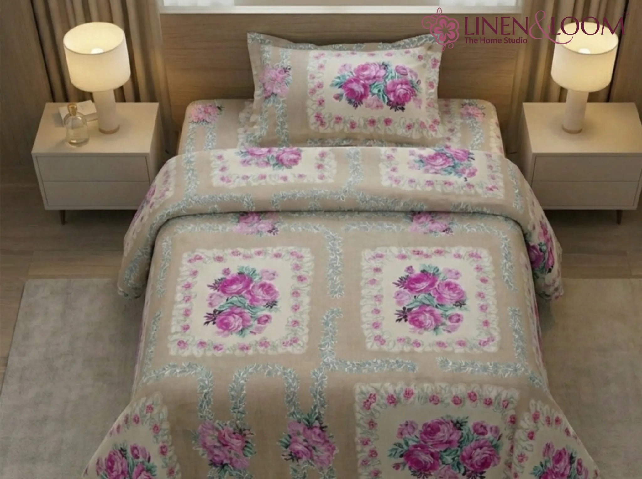Duchess Petal Beige - Linen & Loom The Natural Collection - 100% Pure Cotton Single Bedsheet (60 x 90 Inches) with 1 Pillow Cover | 240 TC - Soft & Breathable Cotton Bed Sheet for Bedroom