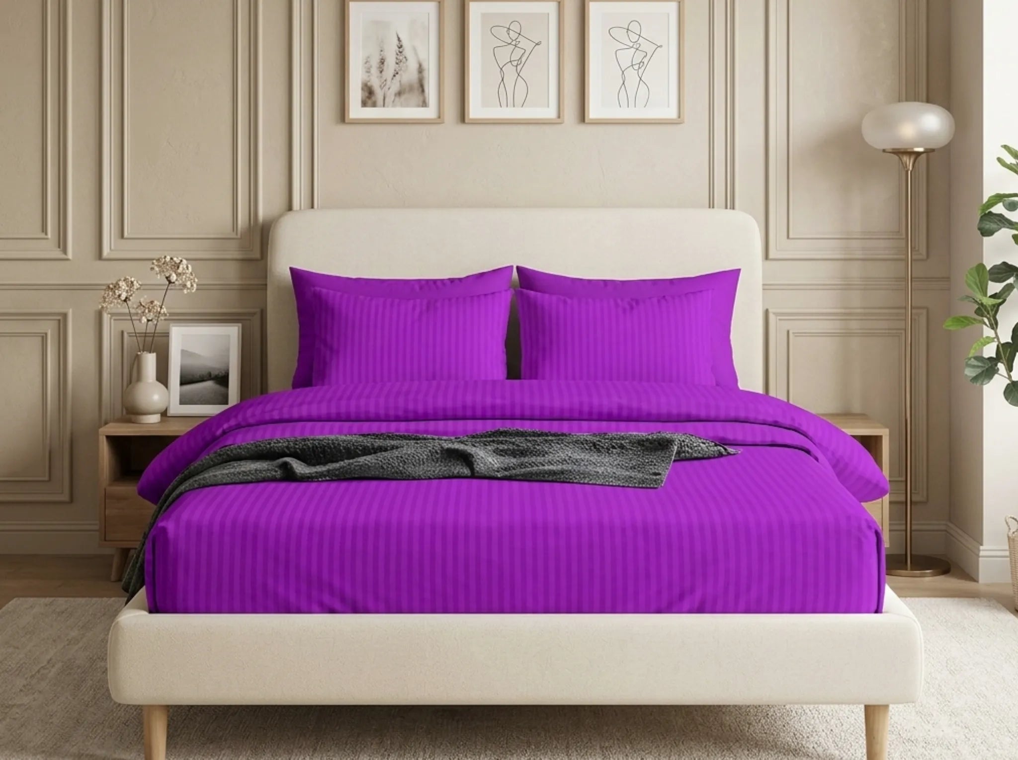 Purple - Linen & Loom Elegance King Size 360° Fitted (72X78 + 9 inches) Elasticated Bedsheet | Elegant Satin Stripes | No-Slip Design | Snug, Secure Grip | Fits Upto 8 Inch Mattress | 200 TC
