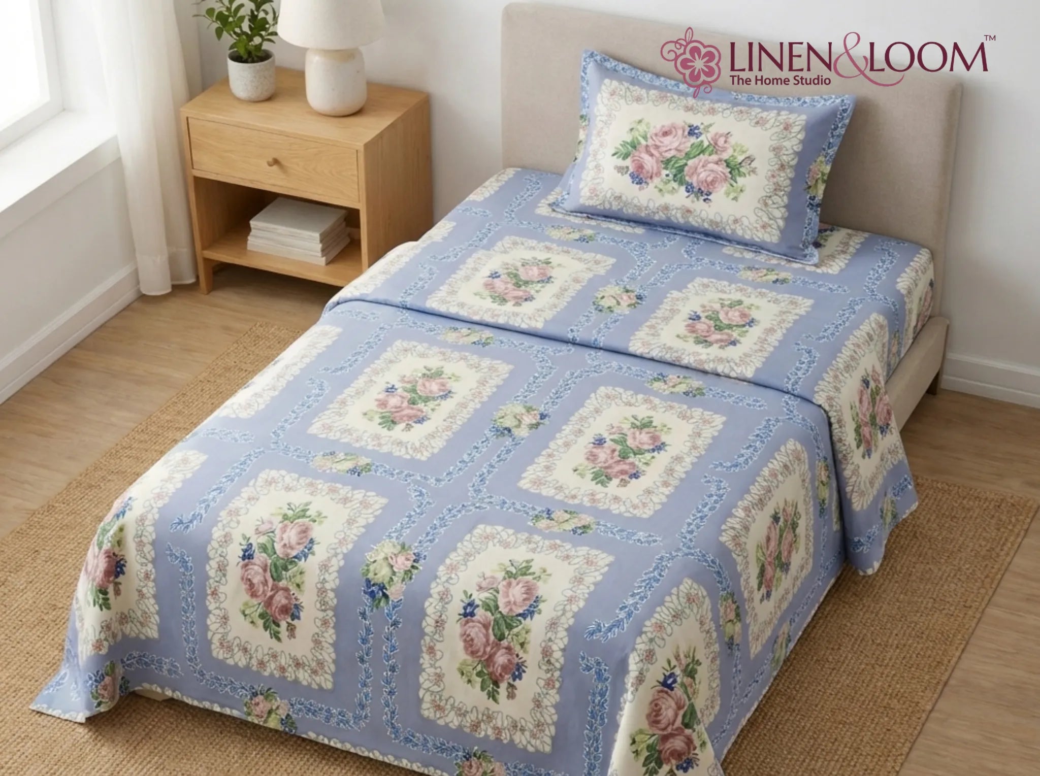 English Rose Lavender - Linen & Loom The Natural Collection - 100% Pure Cotton Single Bedsheet (60 x 90 Inches) with 1 Pillow Cover | 240 TC - Soft & Breathable Cotton Bed Sheet for Bedroom