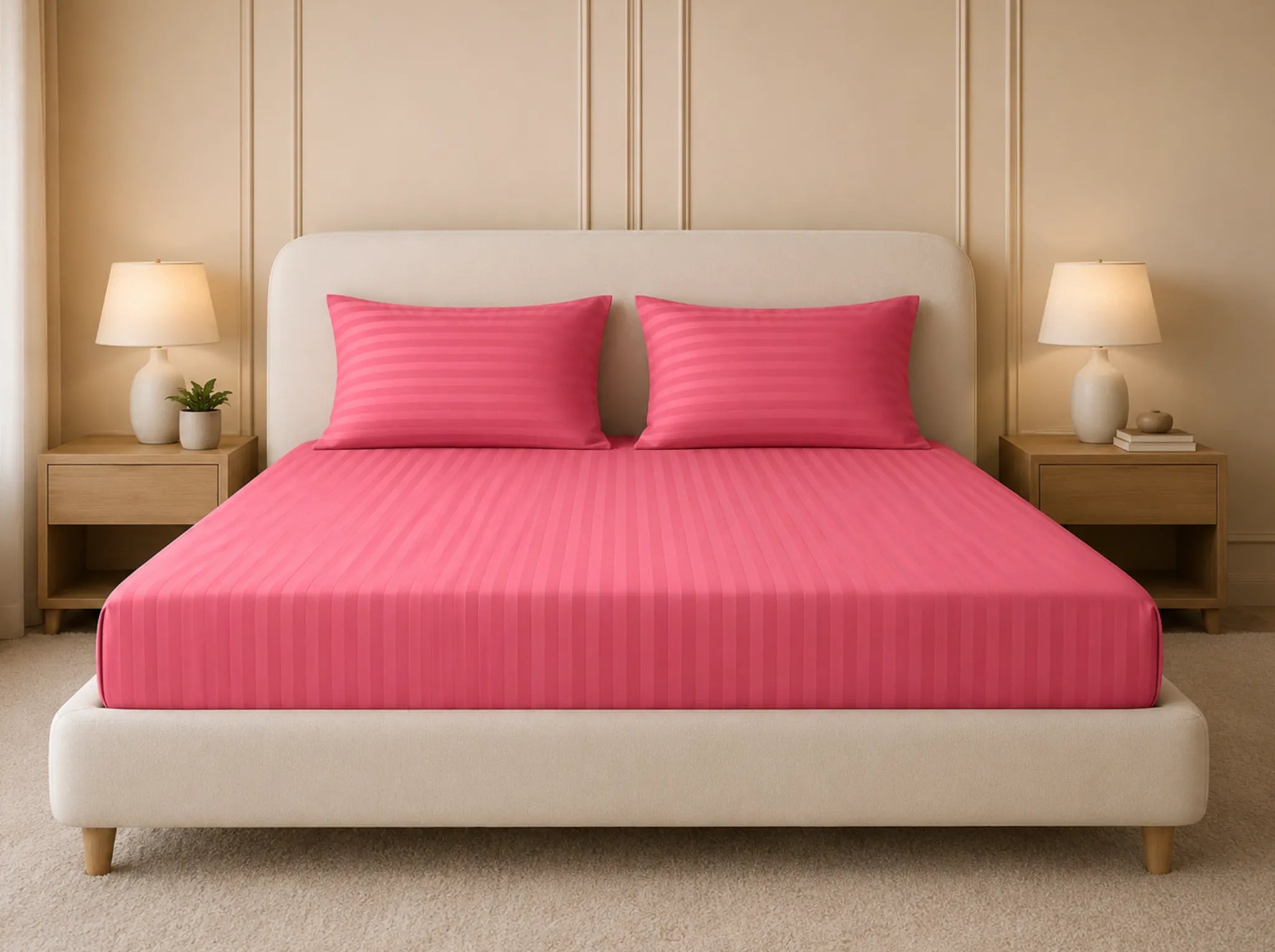 Flamingo Pink - Linen & Loom Elegance King Size 360° Fitted (72X78 + 9 inches) Elasticated Bedsheet | Elegant Satin Stripes | No-Slip Design | Snug, Secure Grip | Fits Upto 8 Inch Mattress | 200 TC
