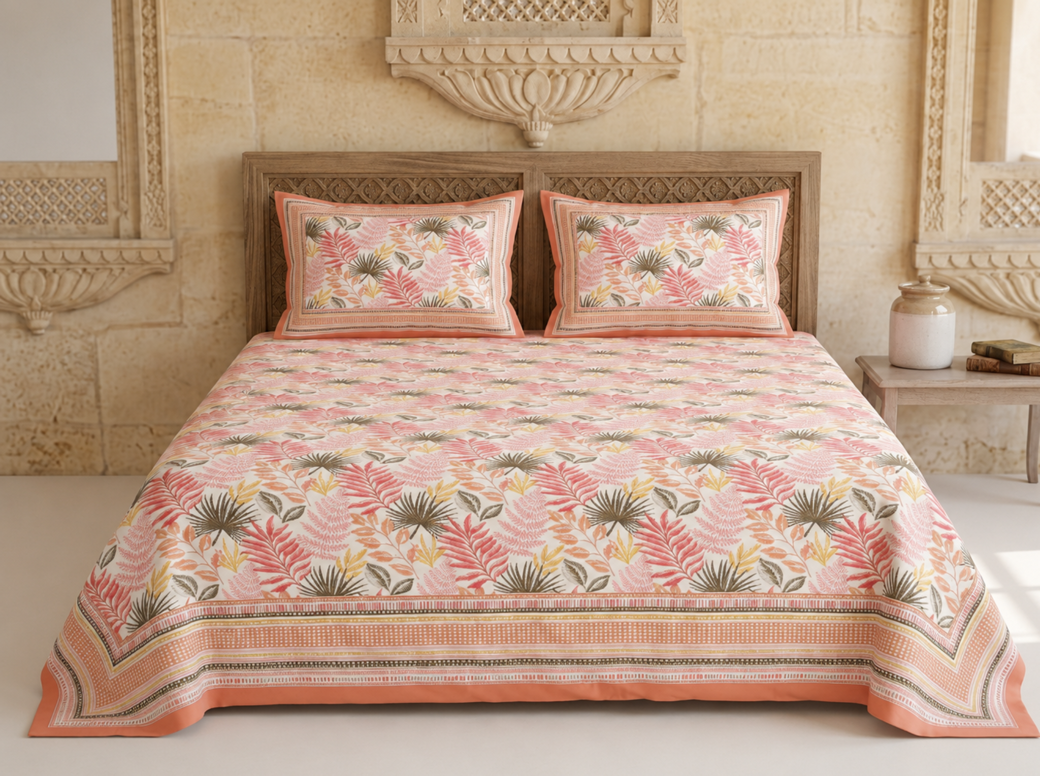 Virasat Bloom-Orange — Linen & Loom Jaipur Heritage Super King Size (108 x 108 inches) 100% Pure Cotton Bedsheet with 2 Pillow Covers | Soft & Breathable Bed Cover for Home Decor | 240 TC