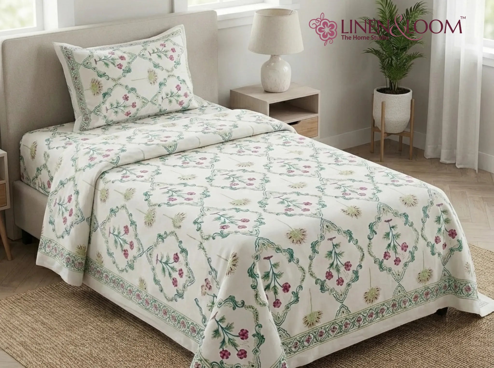 Duchess Berry Garden - Linen & Loom The Natural Collection - 100% Pure Cotton Single Bedsheet (60 x 90 Inches) with 1 Pillow Cover | 240 TC - Soft & Breathable Cotton Bed Sheet for Bedroom