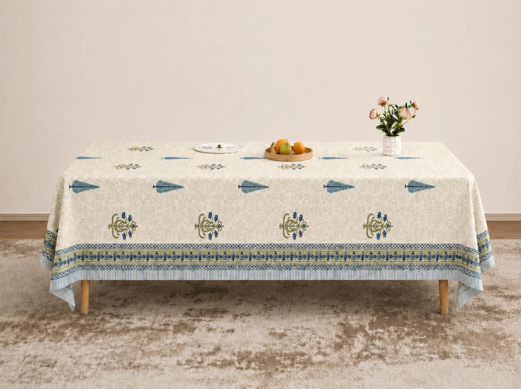 Indigo Heritage - Linen & Loom Rajwada Heritage 6-Seater Table Cover | 100% Premium Cotton Slub | 200 TC | 160 GSM | 1.5 x 2.25 Meters