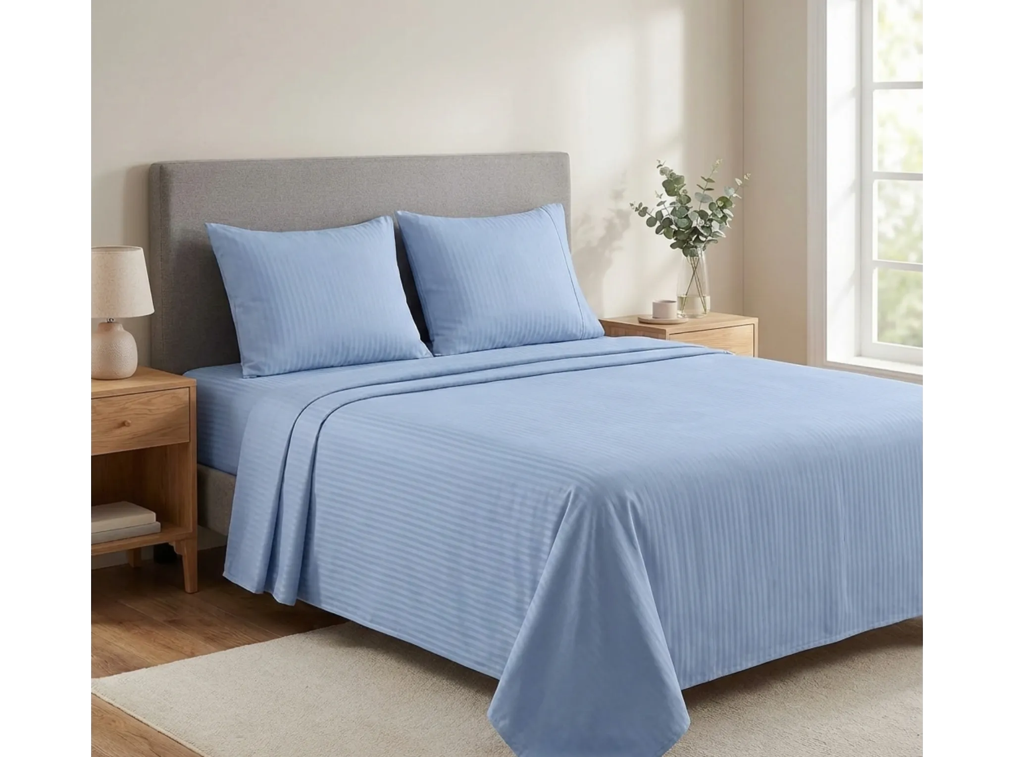 Powder Blue - Linen & Loom Elegance Series King Size Bedsheet (90 x 100 Inches) with 2 Pillow Covers | Luxury Striped Cotton Blend | 200 TC | Soft, Breathable & Hotel-Style Finish