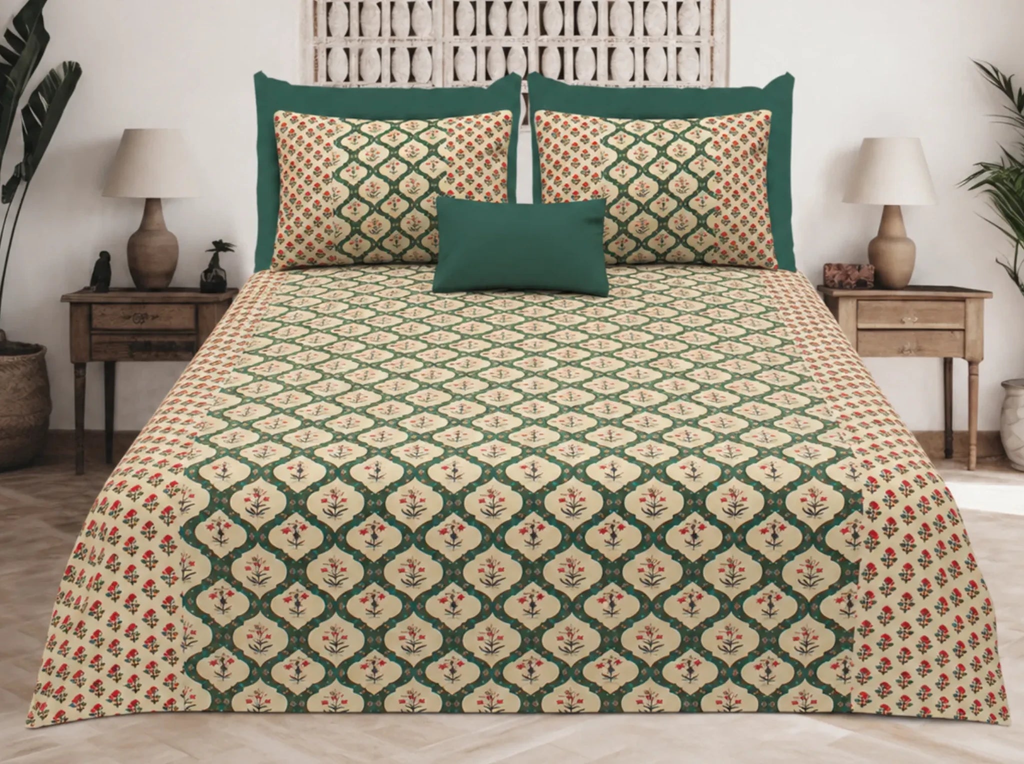 Heritage Vine Green — Sanganeri Stories Bedsheet | Linen & Loom