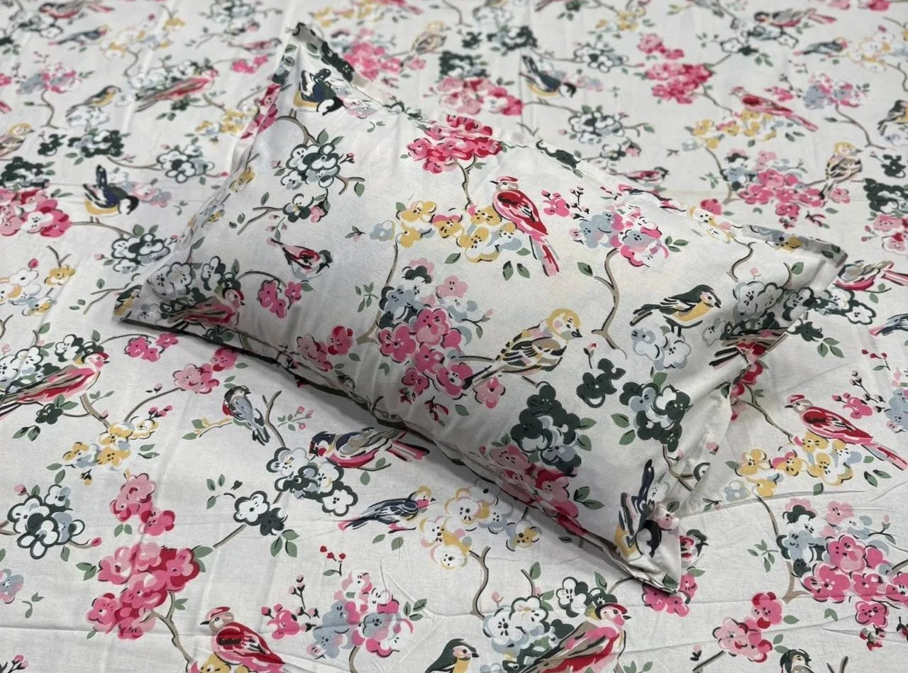Pink Blossom Aviary - Linen & Loom The Natural Collection - 100% Pure Cotton Single Bedsheet (60 x 90 Inches) with 1 Pillow Cover | 240 TC - Soft & Breathable Cotton Bed Sheet for Bedroom