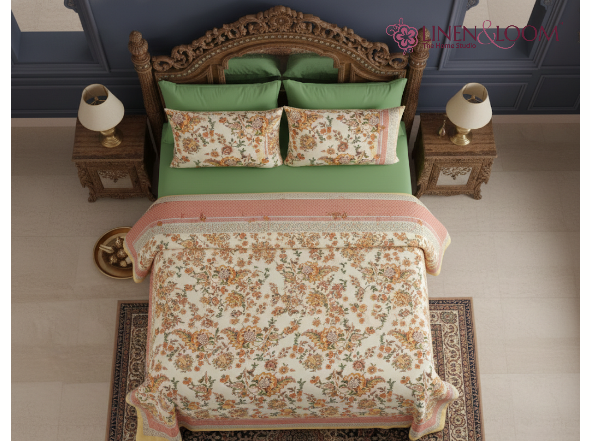 Gul Rosé-Peach — Linen & Loom Maharani Motifs Premium 100% Pure Cotton King Size (90x108) Double Bed Bedsheet with 2 Pillow Covers || Floral Printed Elegant Bedroom Bedding Set || 240 TC