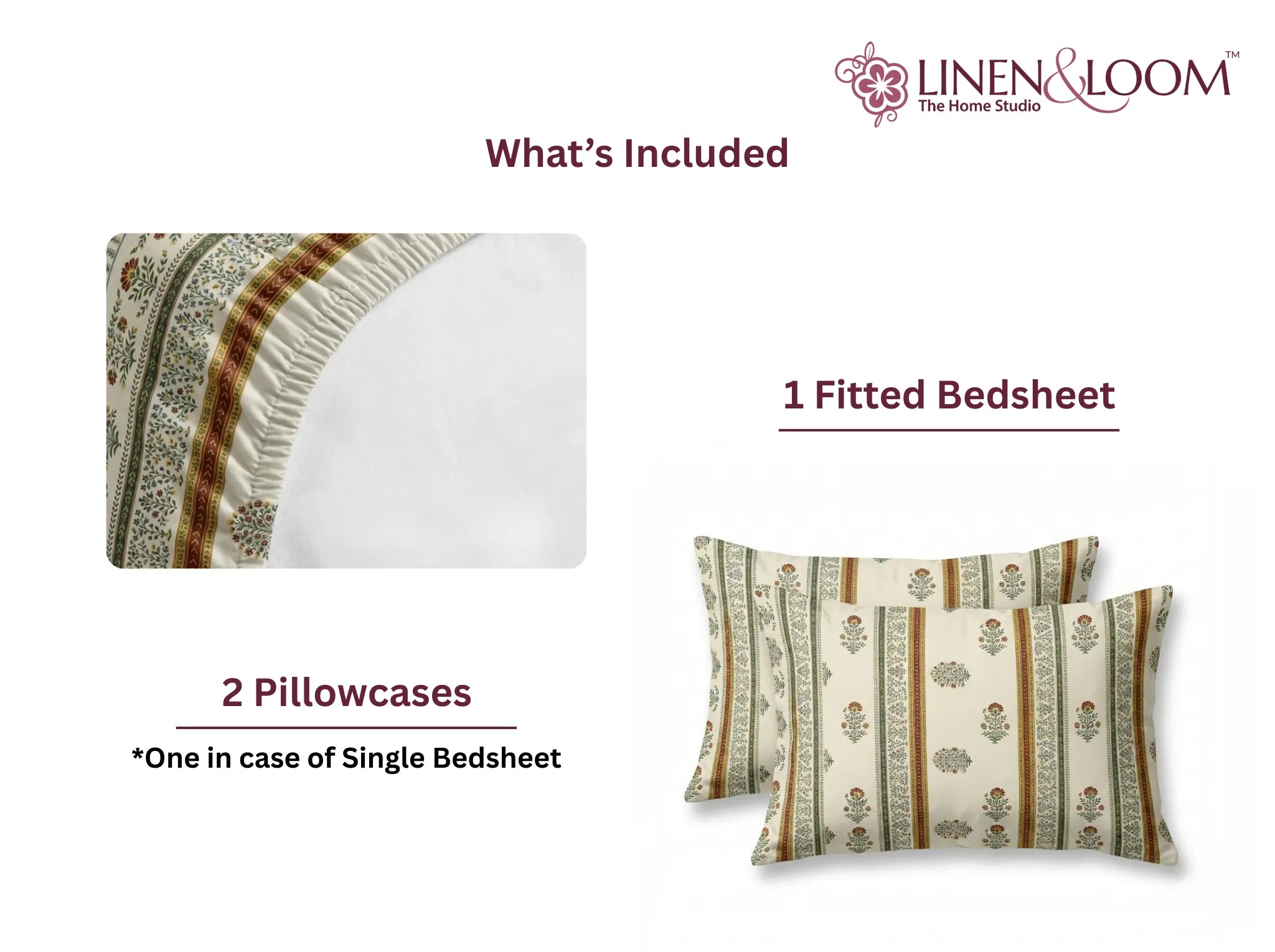 Earthen Blossom - Linen & Loom Pure Comfort Series 360° Elastic Fitted Bedsheet | Soft and Comfortable Bed Linen Set for a Cozy Bedroom | 200 TC | King Size 72x78 inches + 9 inches