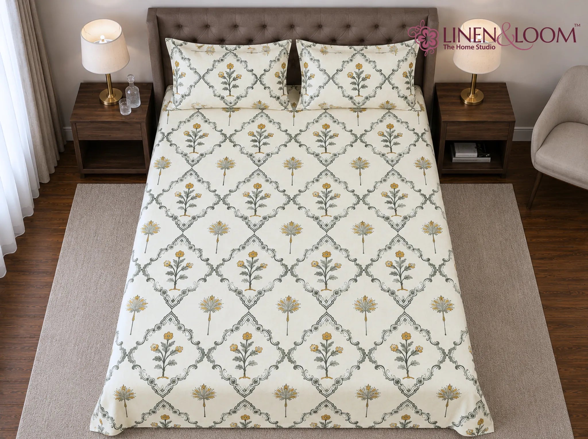 Regal Mustard Garden - Linen & Loom Natural Collection - Super King (100x108) 100% Pure Cotton Bedsheet with 2 Pillow Covers | Soft Breathable Bedspread for Home Decor | TC 240
