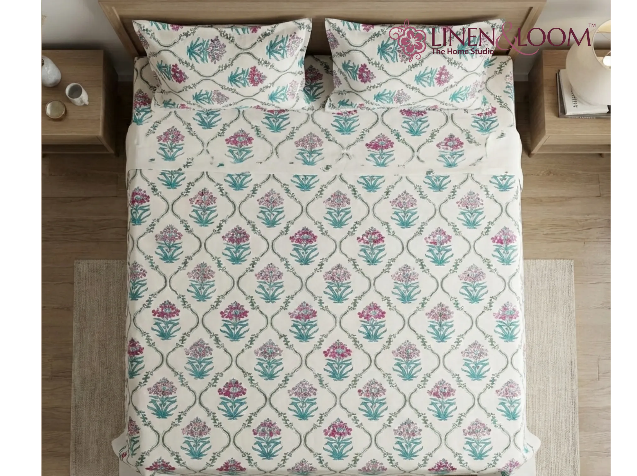 Provence Cranberry Mist - Linen & Loom Natural Collection - Super King (100x108) 100% Pure Cotton Bedsheet with 2 Pillow Covers | Soft Breathable Bedspread for Home Decor | TC 240