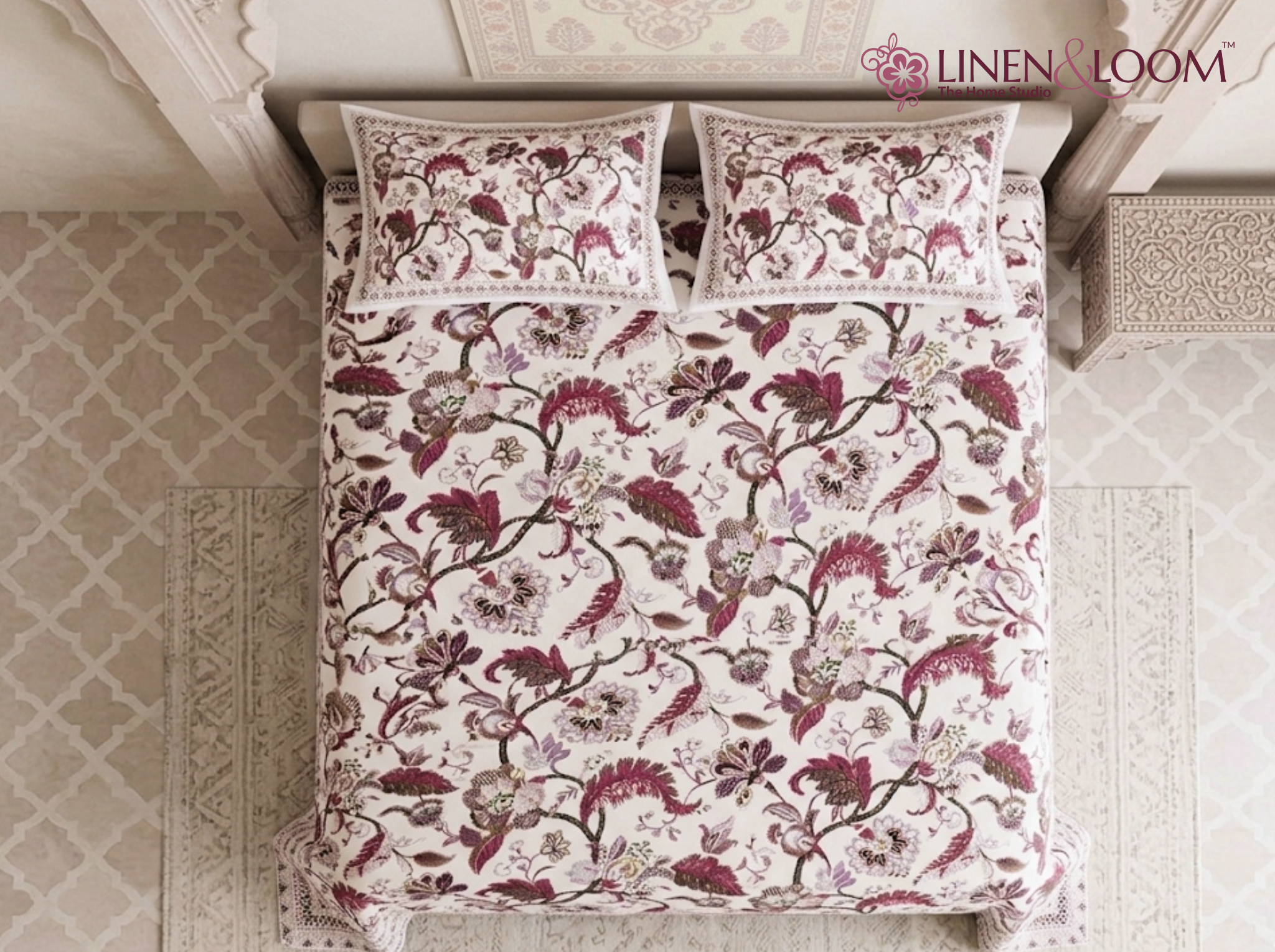 Royal Vinecrest - Red — Linen & Loom Jaipur Heritage Super King Size (108 x 108 inches) 100% Pure Cotton Bedsheet with 2 Pillow Covers | Soft & Breathable Bed Cover for Home Decor | 240 TC