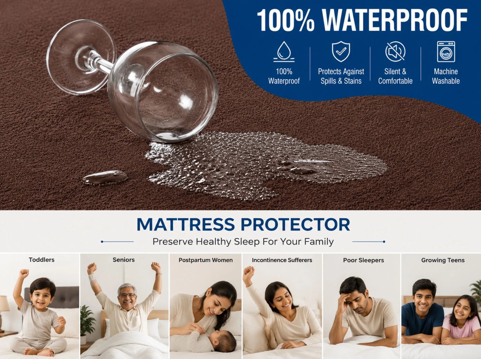 Brown - Linen & Loom Premium Mattress Protector | Queen Size (60 x 78 Inches) | Waterproof Fitted Mattress Cover