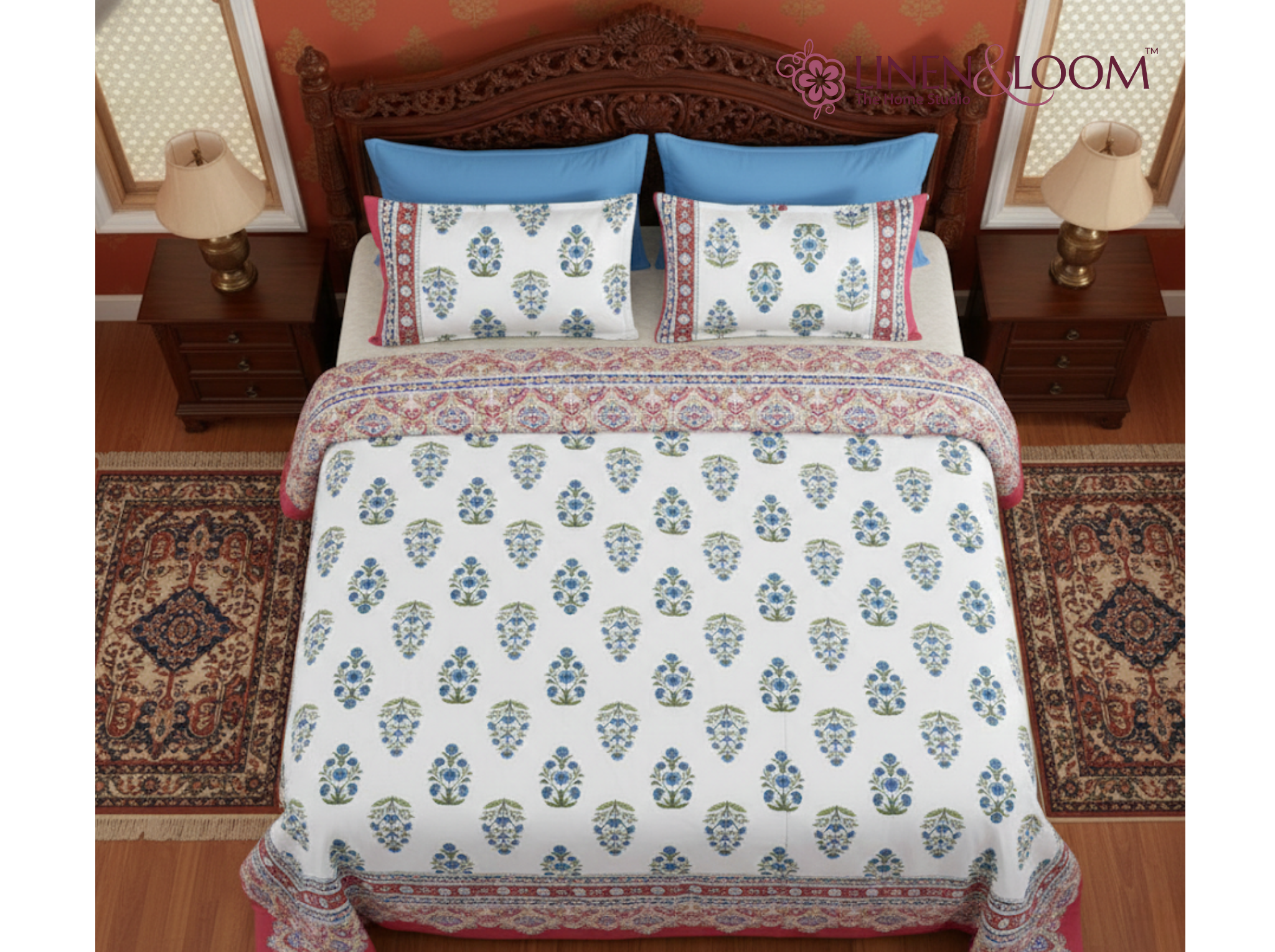 Gulshan Royale-Red — Linen & Loom Maharani Motifs Premium 100% Pure Cotton King Size (90x108) Double Bed Bedsheet with 2 Pillow Covers || Floral Printed Elegant Bedroom Bedding Set || 240 TC