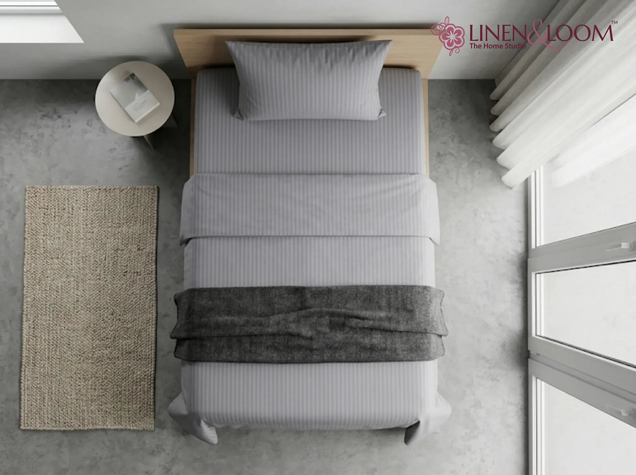 Grey - Linen & Loom Elegance Series (60x90 inches) Bedsheet with 1 Pillow Cover | Luxury Striped Cotton Blend Bedsheet Set | Soft, Breathable & Hotel-Style Finish | TC 200