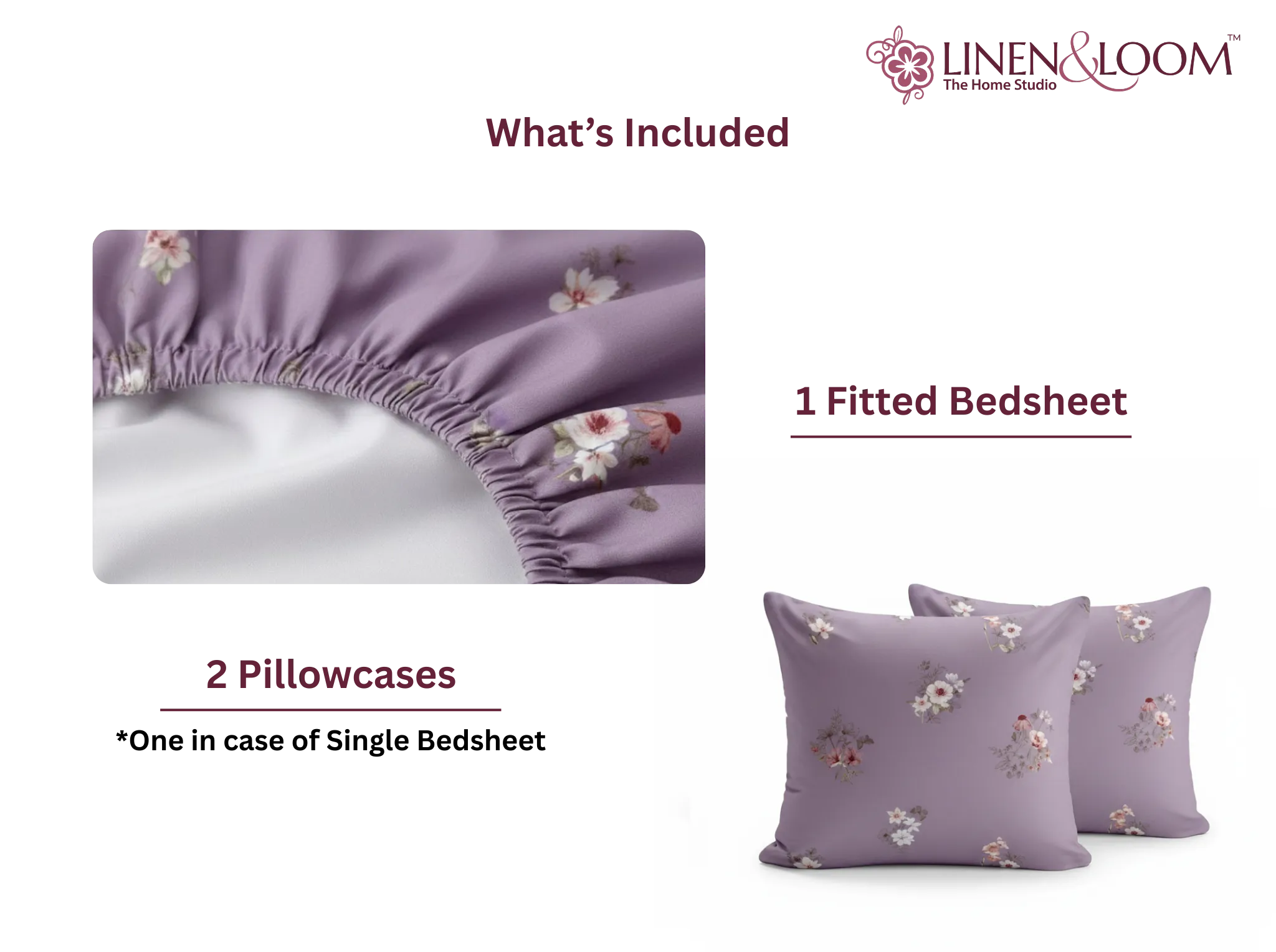 Lilac Petals - Linen & Loom Pure Comfort Series 360° Elastic Fitted Bedsheet | Soft and Comfortable Bed Linen Set for a Cozy Bedroom | 200 TC | King Size 72x78 inches + 9 inches