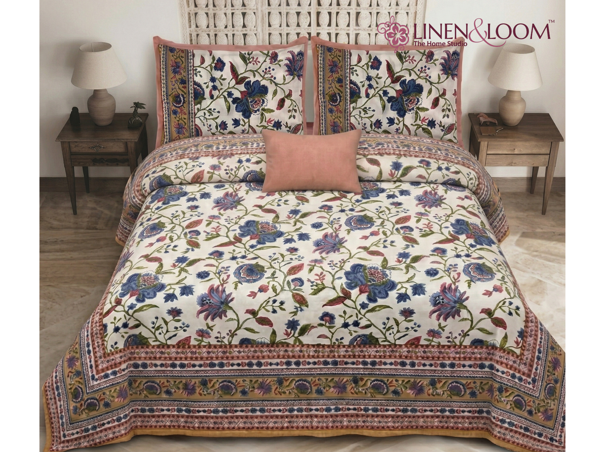 Gulistan Royale - Blue — Linen & Loom Maharani Motifs Premium 100% Pure Cotton King Size (90x108) Double Bed Bedsheet with 2 Pillow Covers || Floral Printed Elegant Bedroom Bedding Set || 240 TC