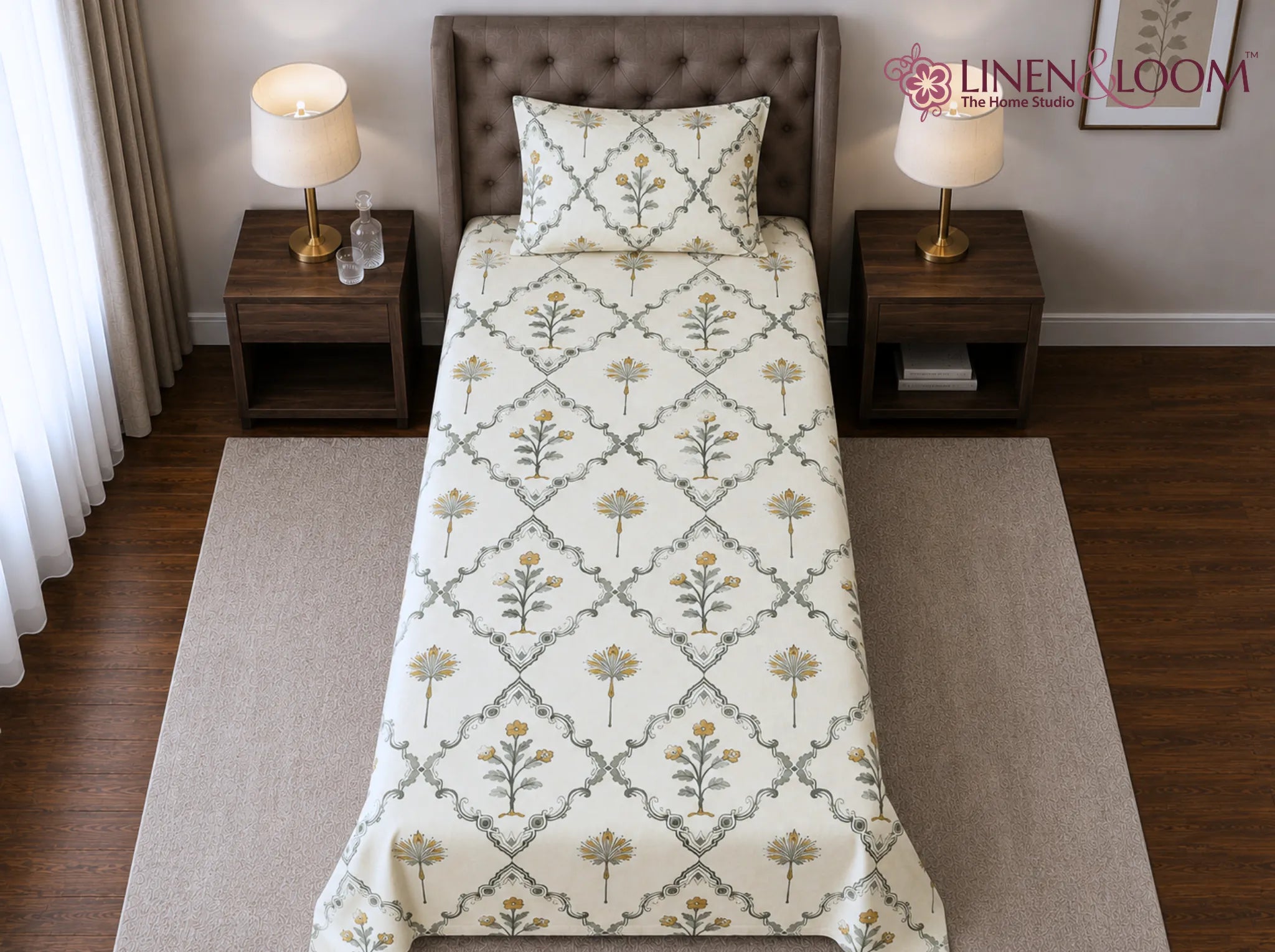 Regal Mustard Garden - Linen & Loom The Natural Collection - 100% Pure Cotton Single Bedsheet (60 x 90 Inches) with 1 Pillow Cover | 240 TC - Soft & Breathable Cotton Bed Sheet for Bedroom