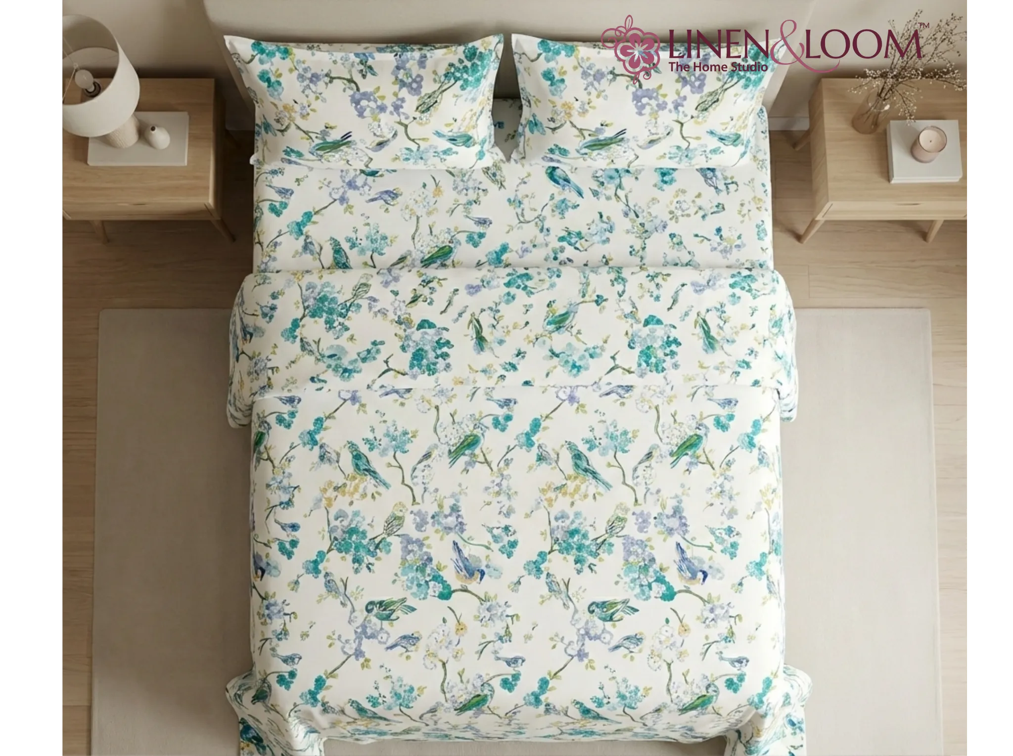 Azure Song - Linen & Loom Natural Collection - Super King (100x108) 100% Pure Cotton Bedsheet with 2 Pillow Covers | Soft Breathable Bedspread for Home Decor | TC 240