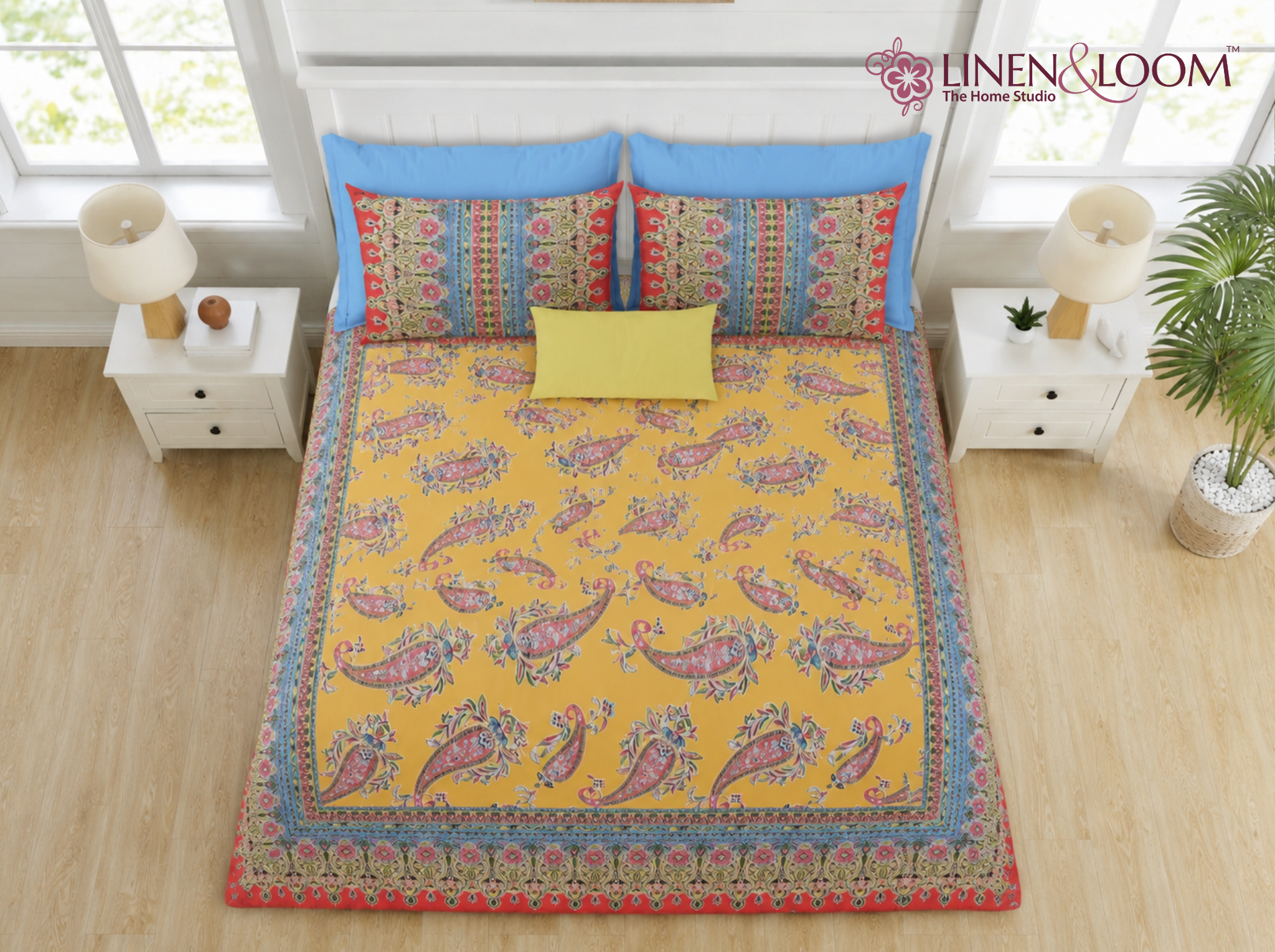 Rajwada Paisley-Yellow — Linen & Loom Maharani Motifs Premium 100% Pure Cotton King Size (90x108) Double Bed Bedsheet with 2 Pillow Covers || Floral Printed Elegant Bedroom Bedding Set || 240 TC