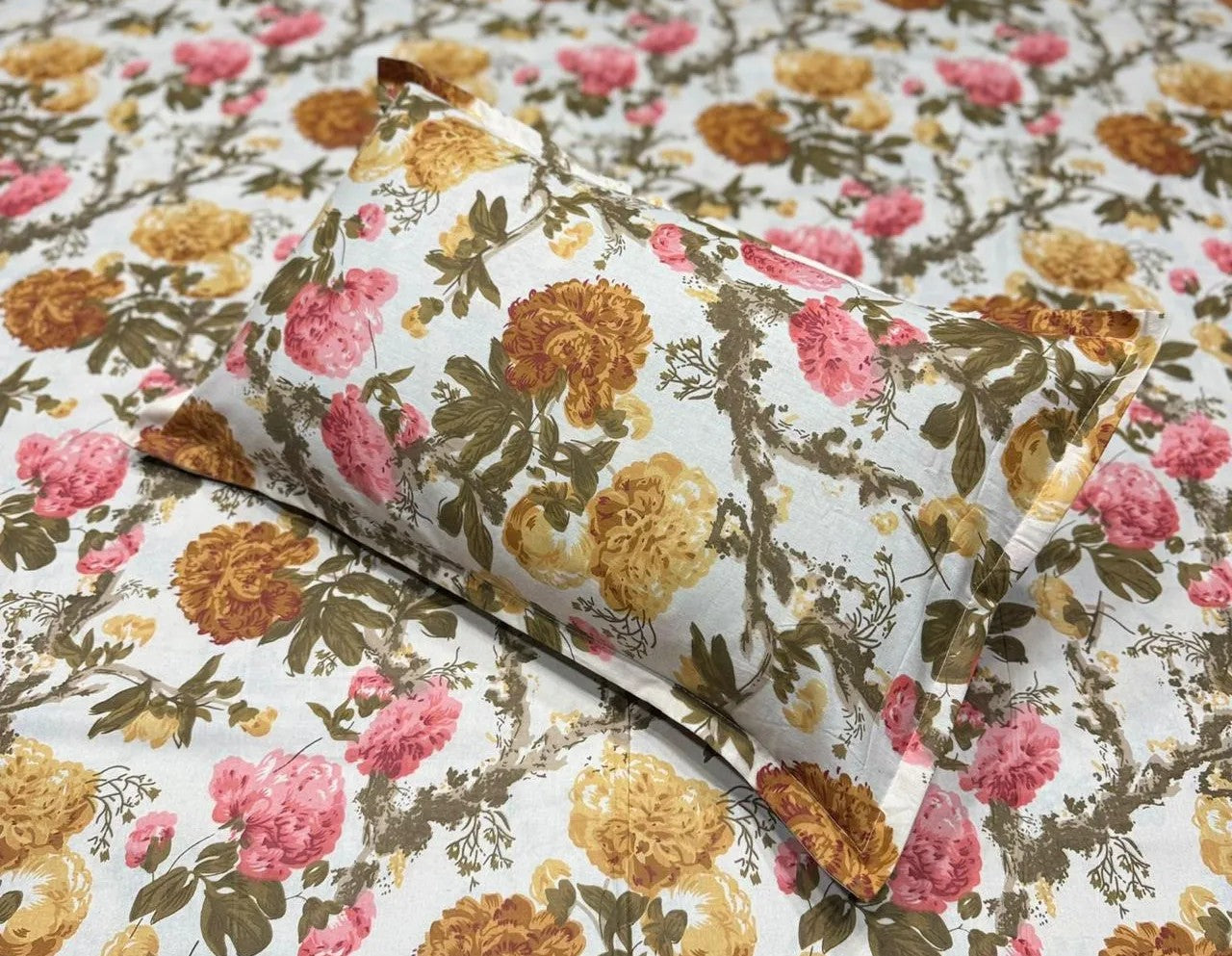 Autumn Bloom - Linen & Loom The Natural Collection - 100% Pure Cotton Single Bedsheet (60 x 90 Inches) with 1 Pillow Cover | 240 TC - Soft & Breathable Cotton Bed Sheet for Bedroom